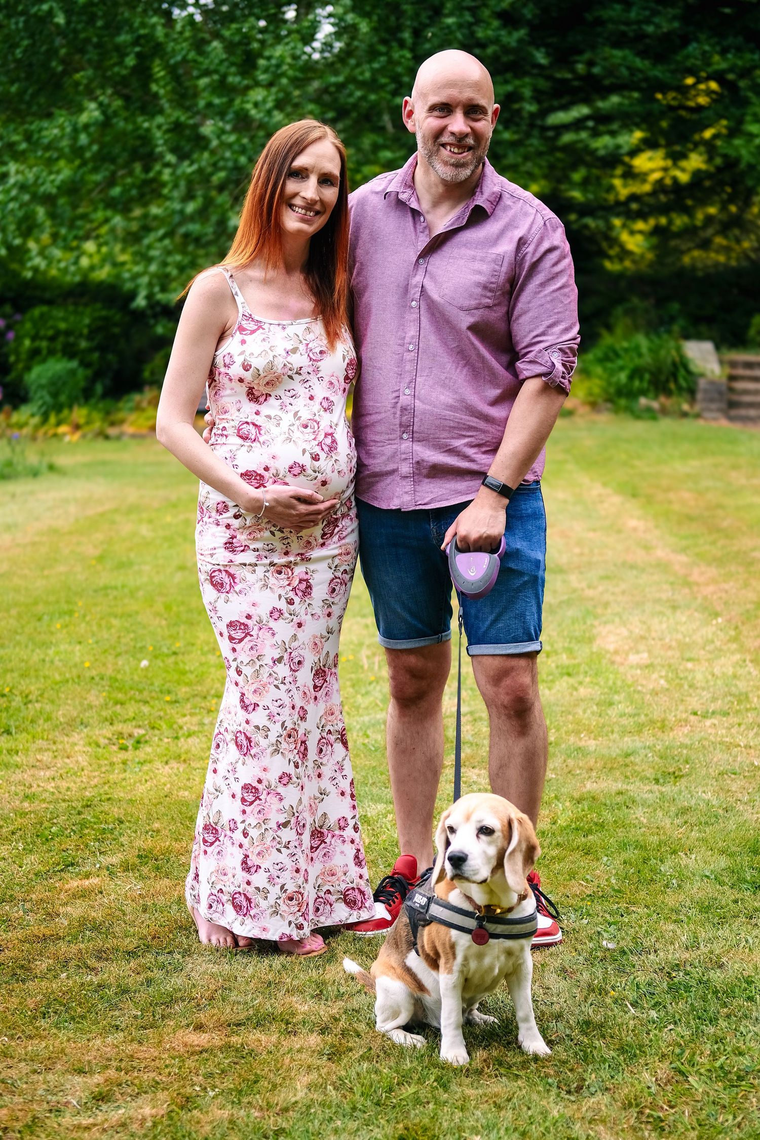 A couple poses with their beagle dog on a grassy lawn during a summer maternity photoshoot.