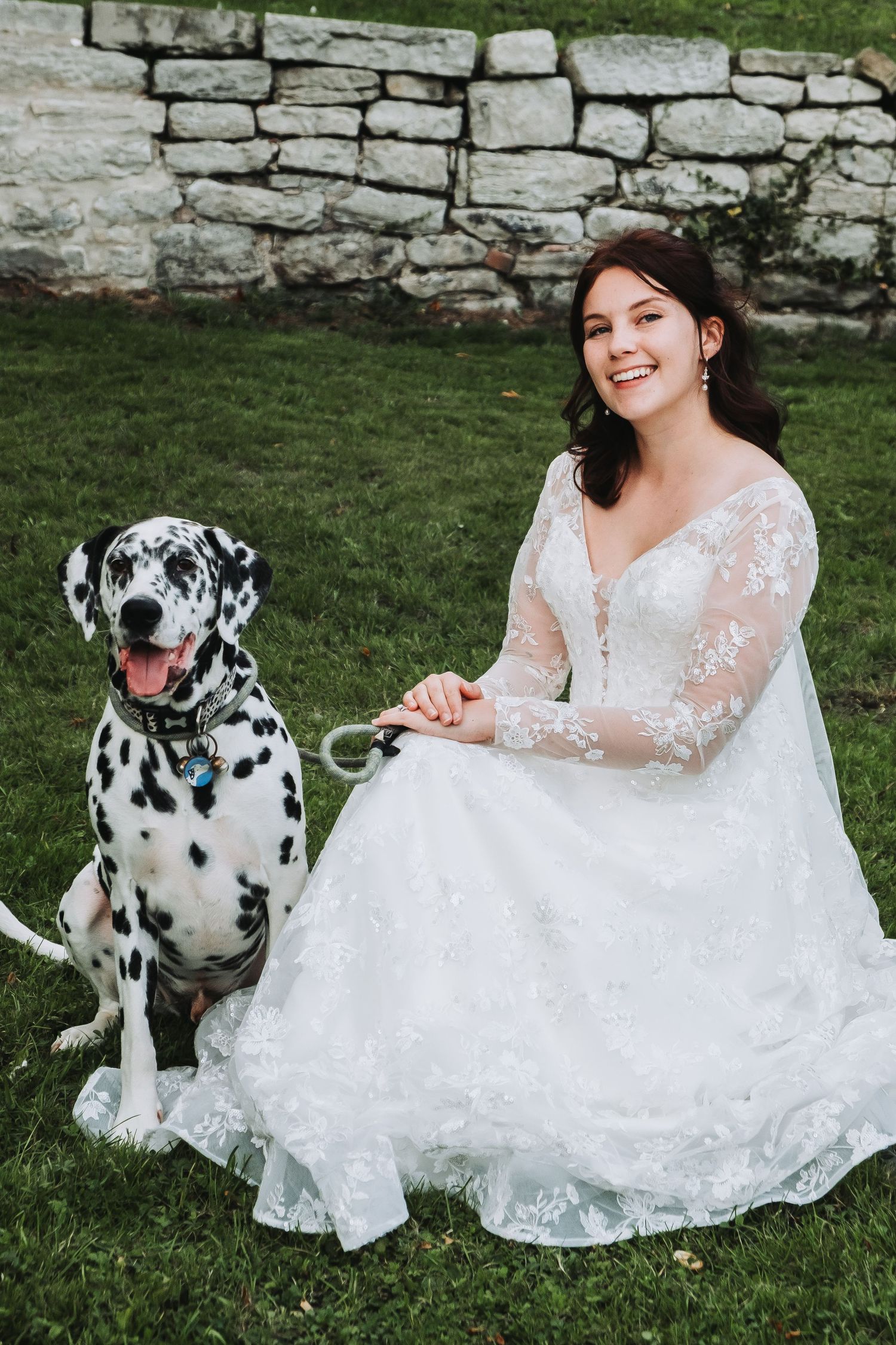 Bride in lace dress sitting on grass with spotted Dalmatian dog.