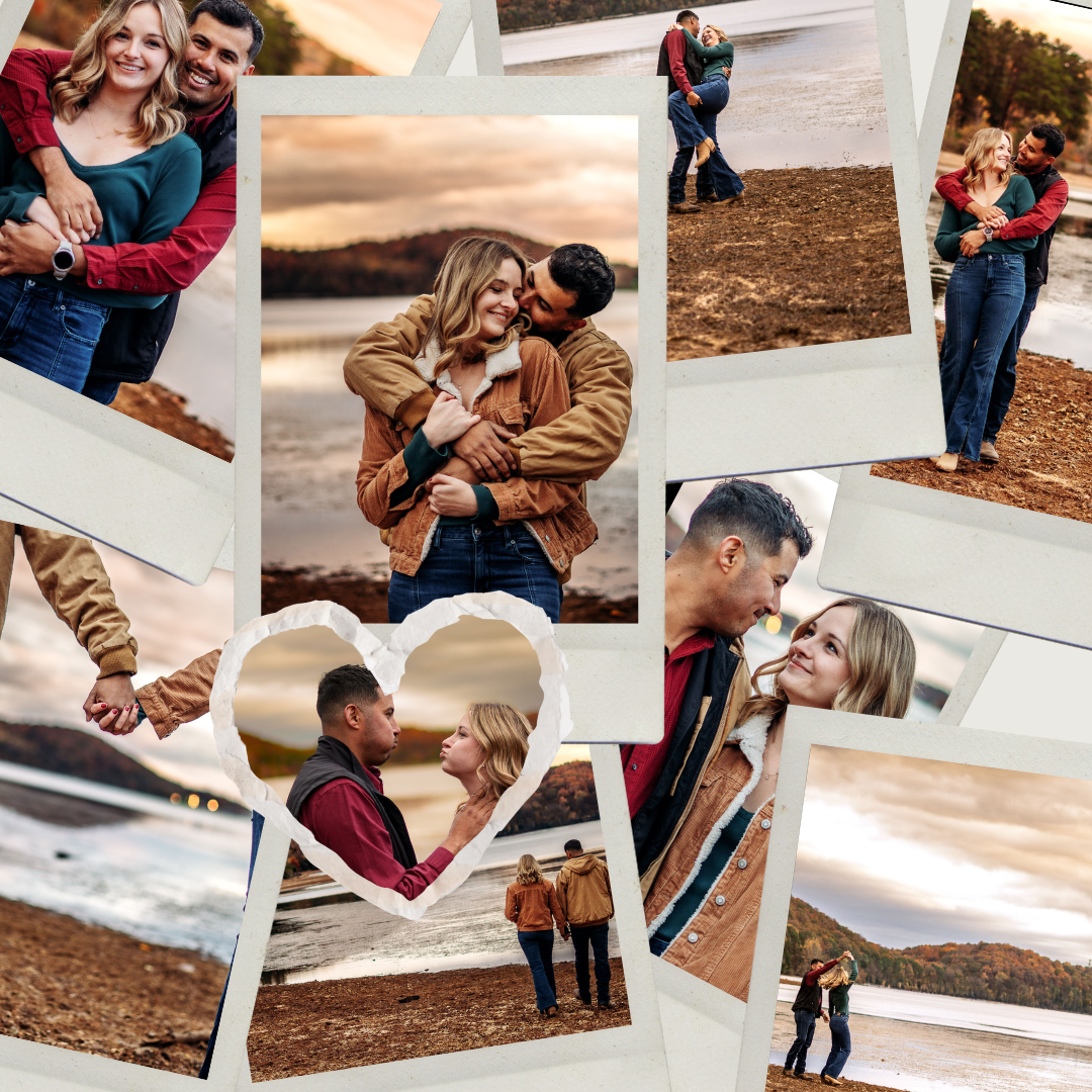 Collage of romantic couple photos showing intimate moments and embraces in outdoor settings during golden hour.