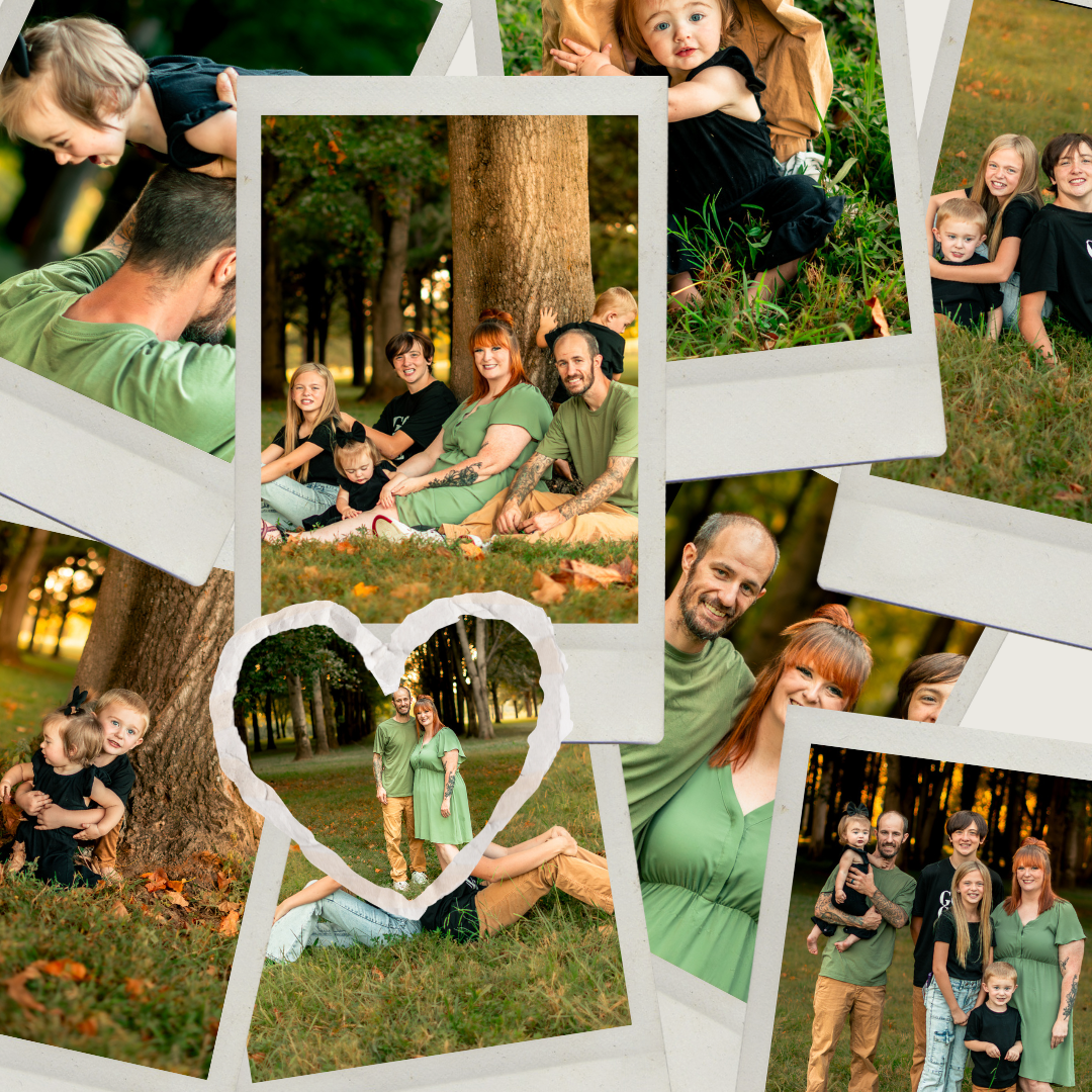 Collage of polaroid-style photos showing outdoor family portraits with matching green outfits arranged in scattered layout.