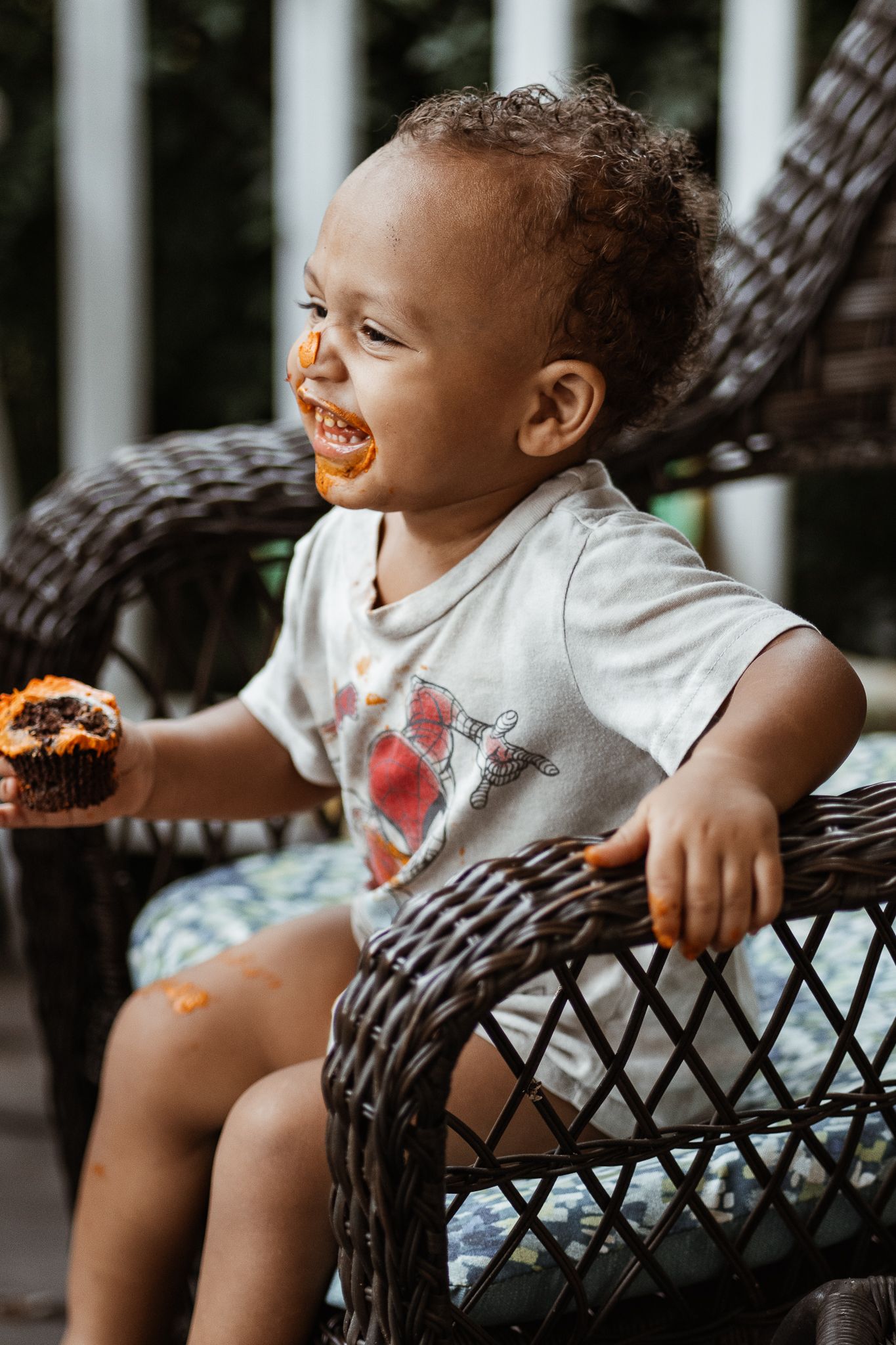 A series of joyful moments captured on a wicker chair outdoors.