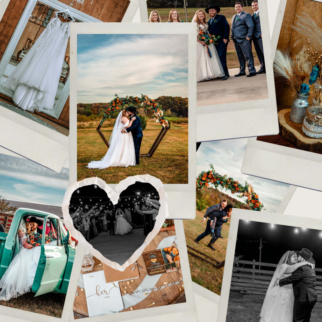Wedding photo collage featuring outdoor ceremony shots, romantic moments, and candid celebrations in rustic settings.