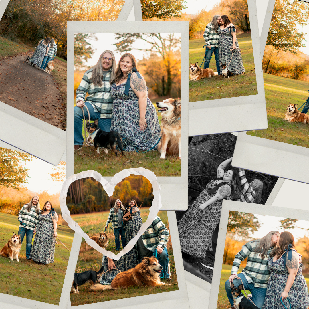 Collage of outdoor family portraits arranged in overlapping polaroid-style frames at sunset with golden light filtering through trees.