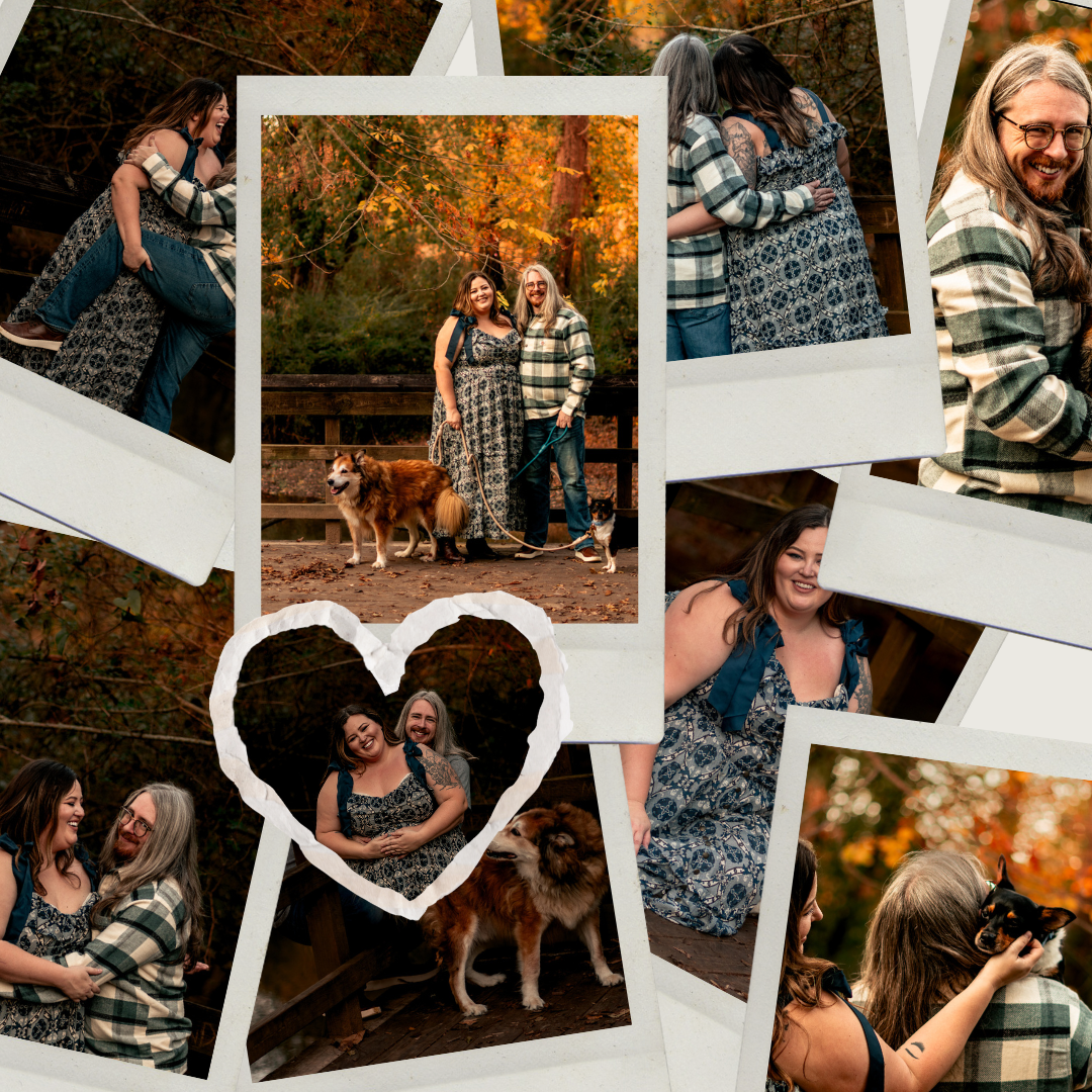 A collection of overlapping polaroid-style photographs scattered on an autumn-toned background shows candid outdoor moments.