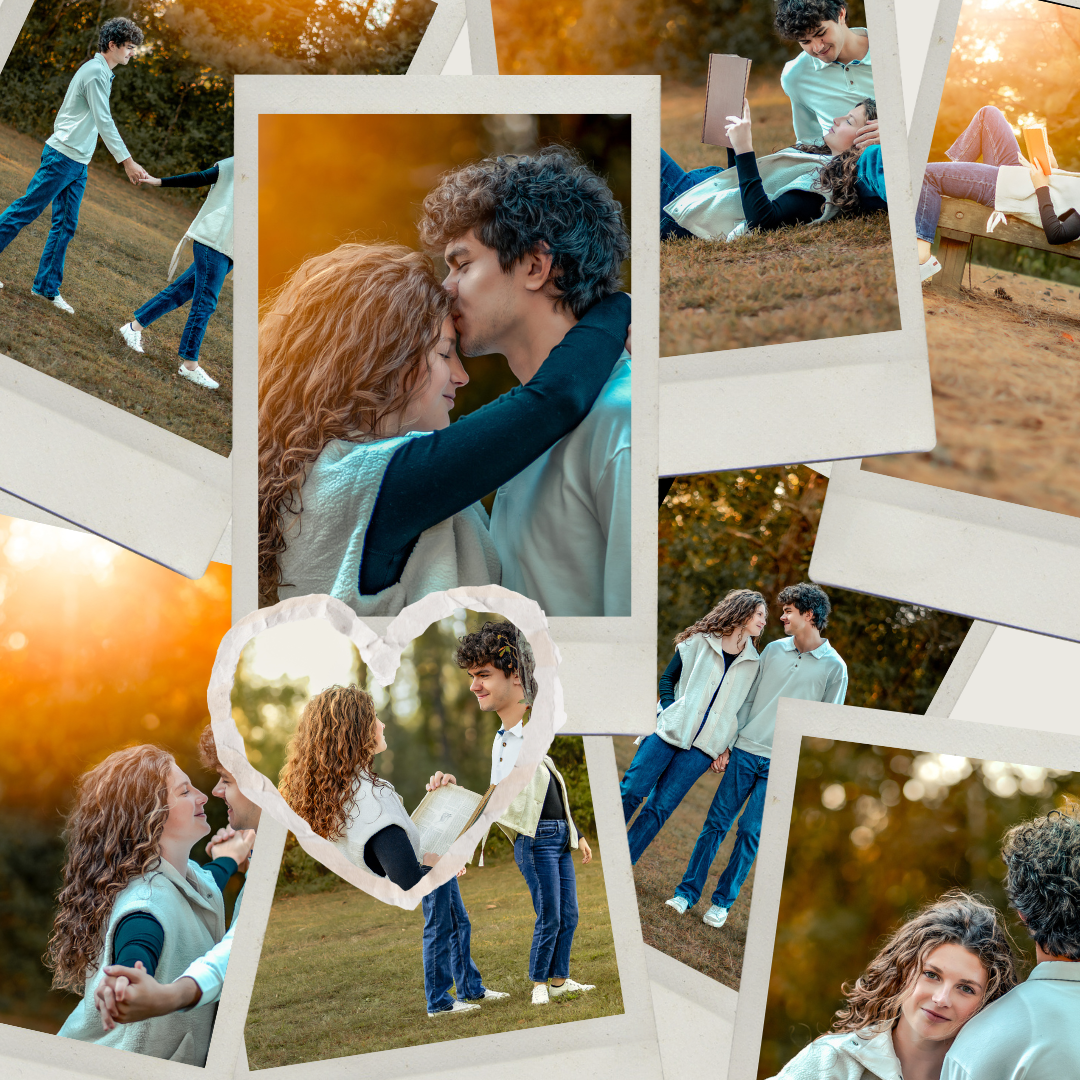 Collage of romantic polaroid-style photos showing couples embracing and sharing tender moments in outdoor autumn settings.