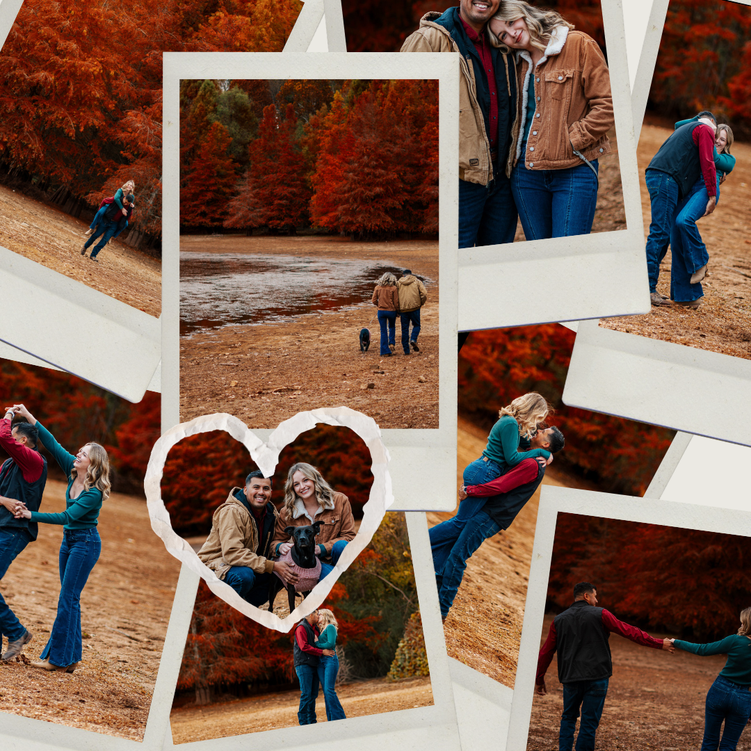 A collage of polaroid-style photos showing couples in casual attire against a backdrop of autumn foliage and rustic scenery.