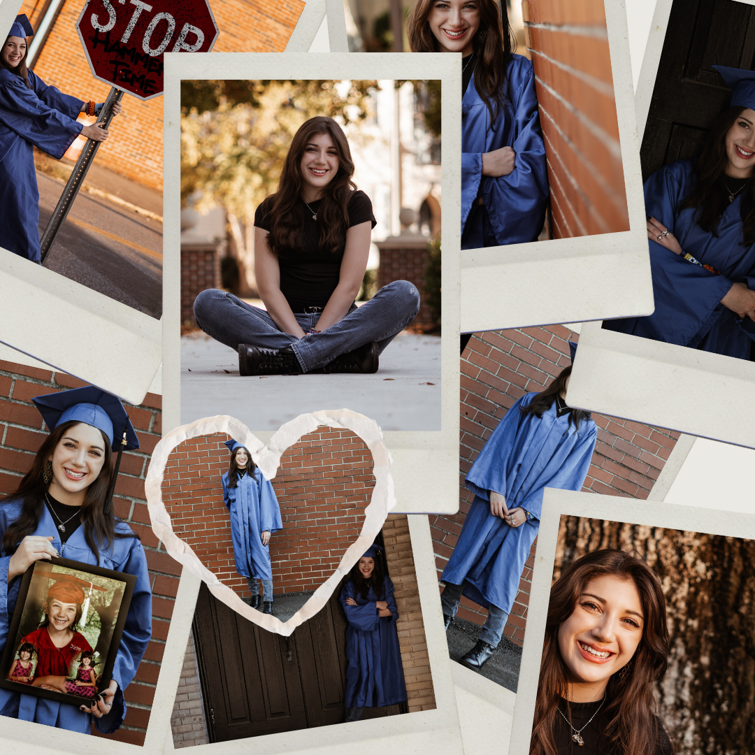 Collection of polaroid-style photos arranged in a heart shape on a brick wall background.