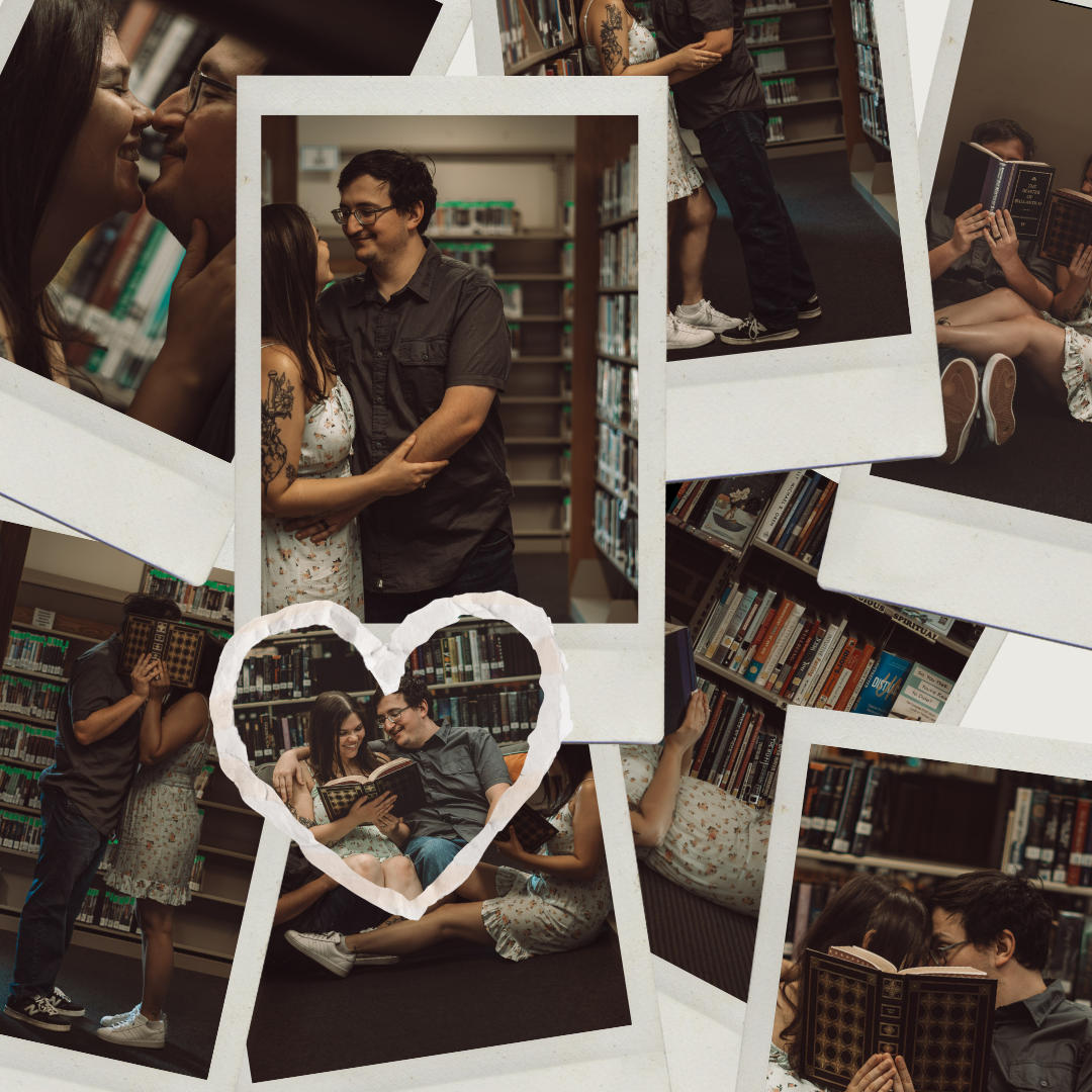 Polaroid photographs scattered on a dark wooden surface showing someone browsing through books in a library or bookstore.