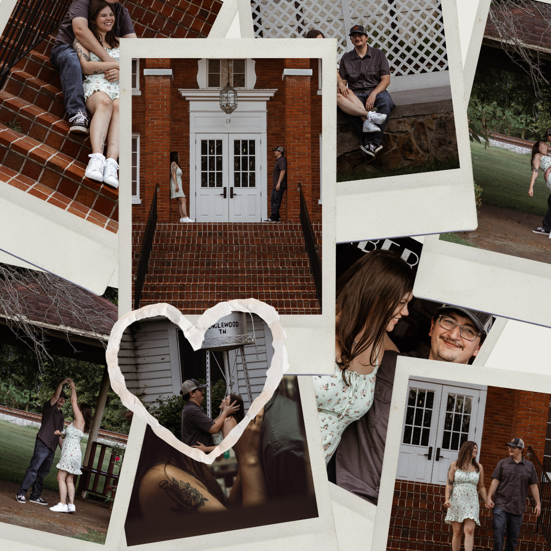 Collage of Polaroid-style photos showing exterior views of a red brick house with white trim and architectural details.