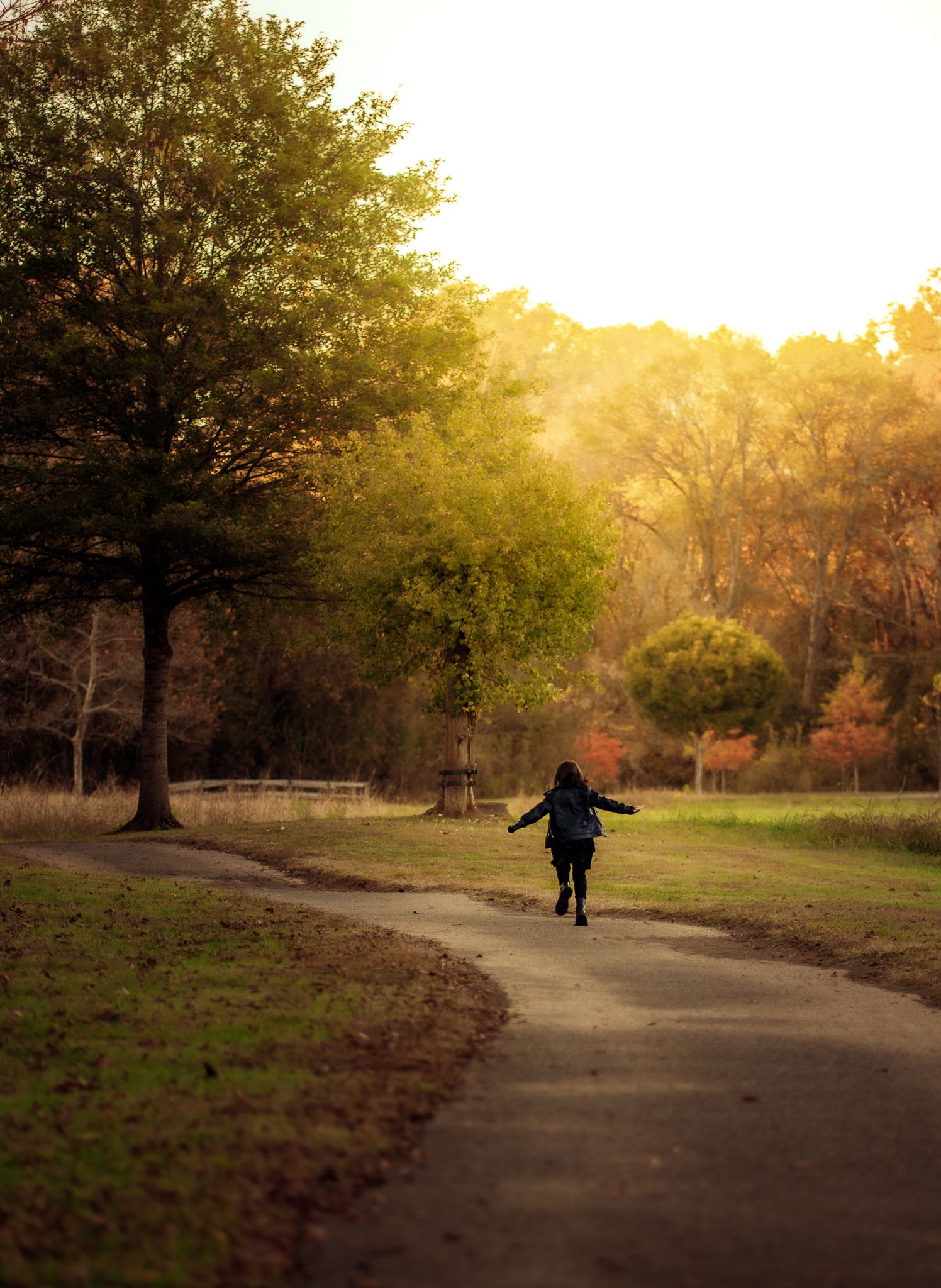 Child running along a winding path through a colorful autumn park at golden hour sunset.