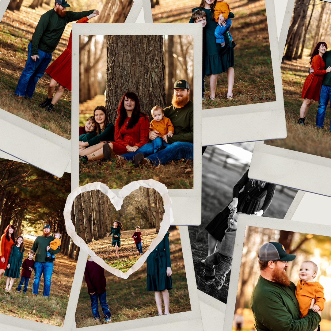 A collage of outdoor autumn family portraits showing candid moments and interactions in warm natural lighting.