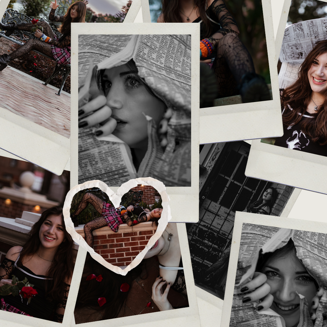 Collection of vintage-style black and white polaroid photographs arranged in an artistic collage layout.