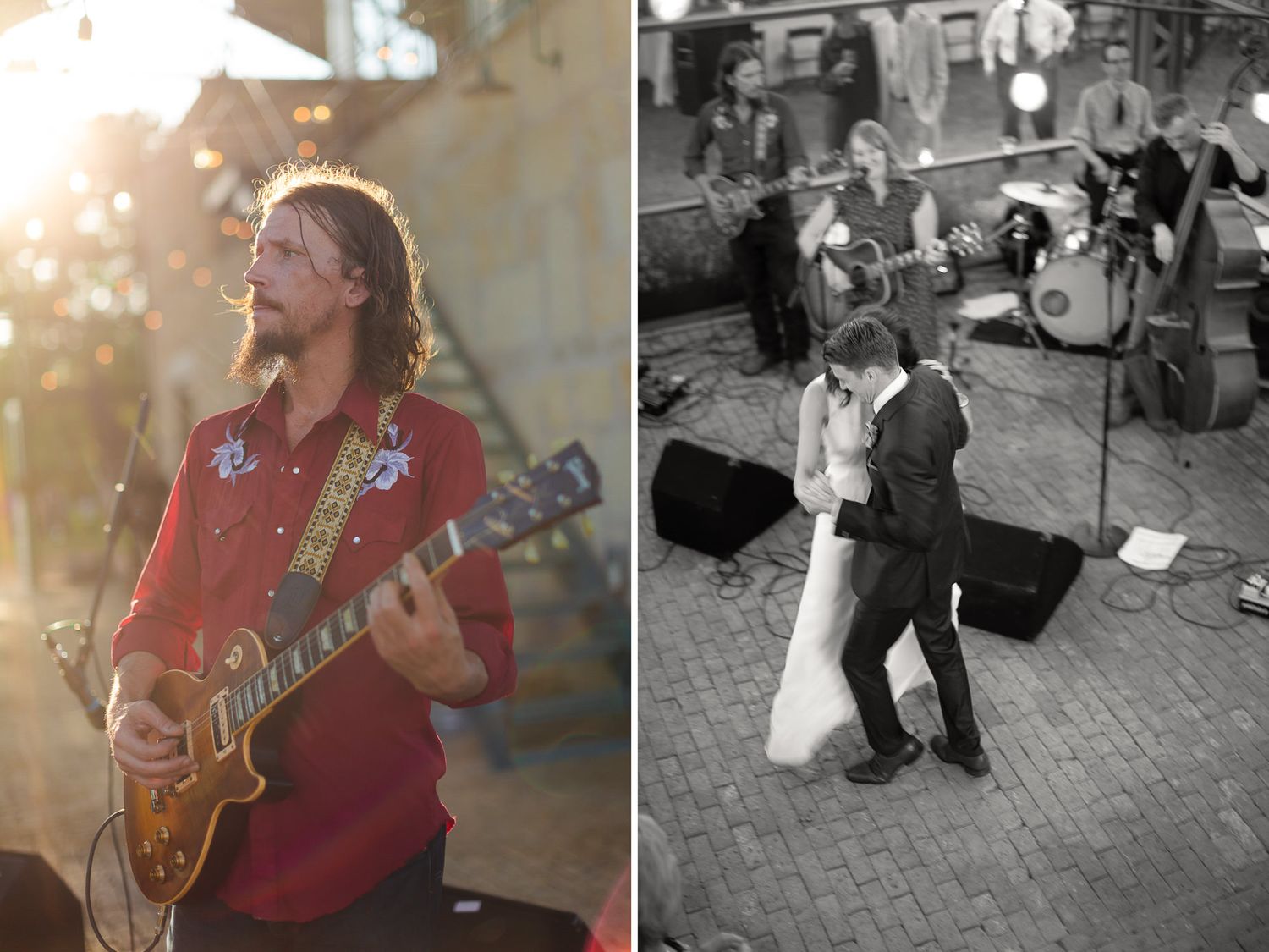 Live band performs with guitars and instruments at a wedding reception.