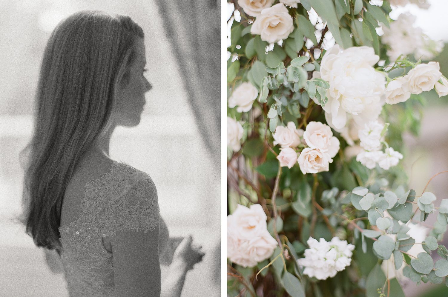 Black and white bridal portrait next to delicate white roses and greenery arrangement.