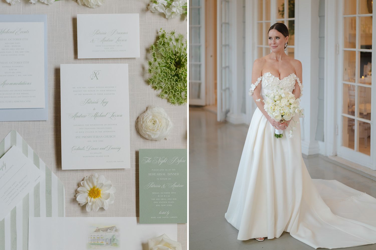 Elegant wedding stationery and invitations displayed with floral arrangements in a bright setting.