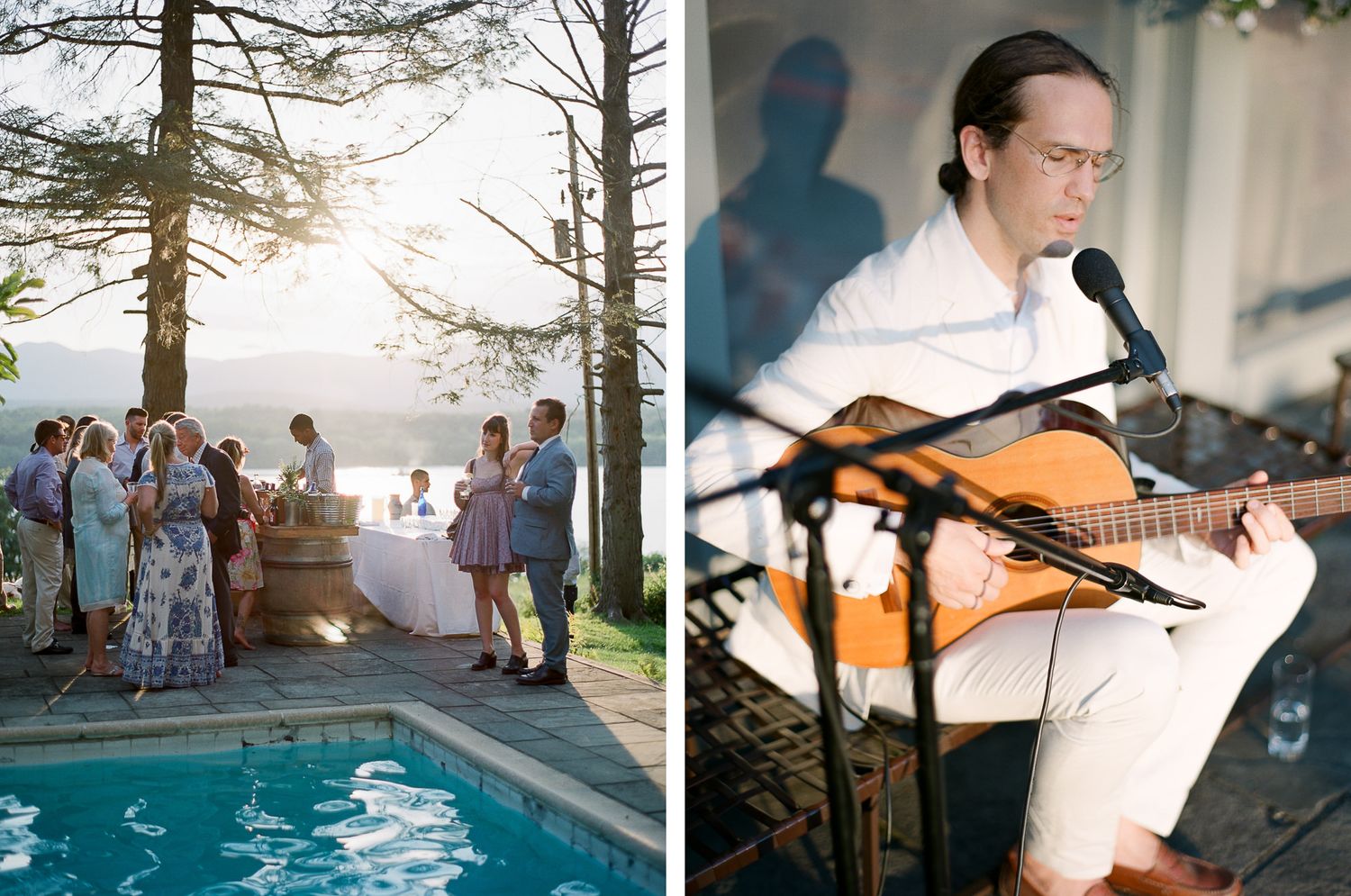 Musicians perform at an outdoor wedding reception with trees and a swimming pool in the background.