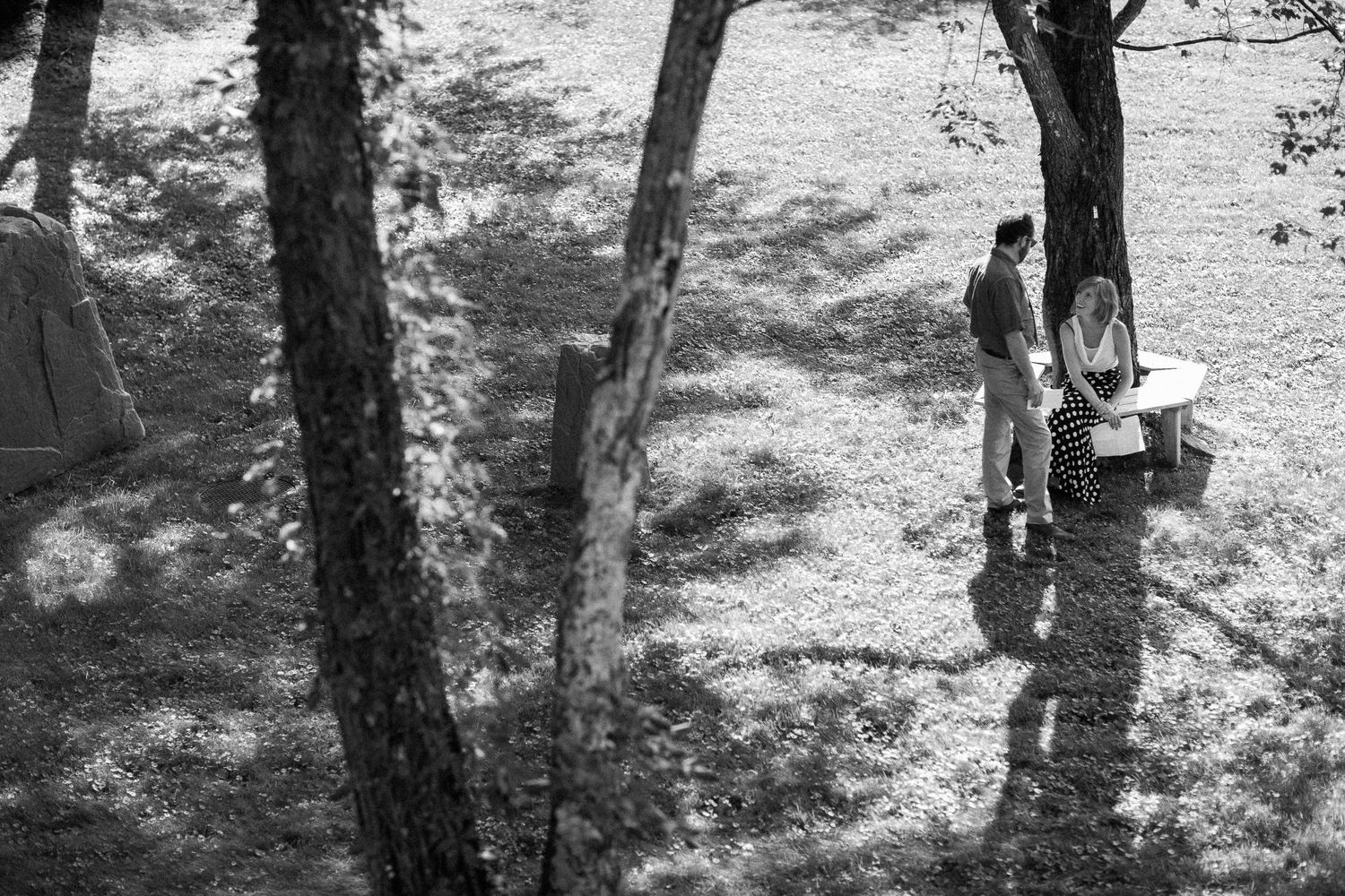 Black and white aerial view of two people standing among trees in a park with a tent visible in the background.