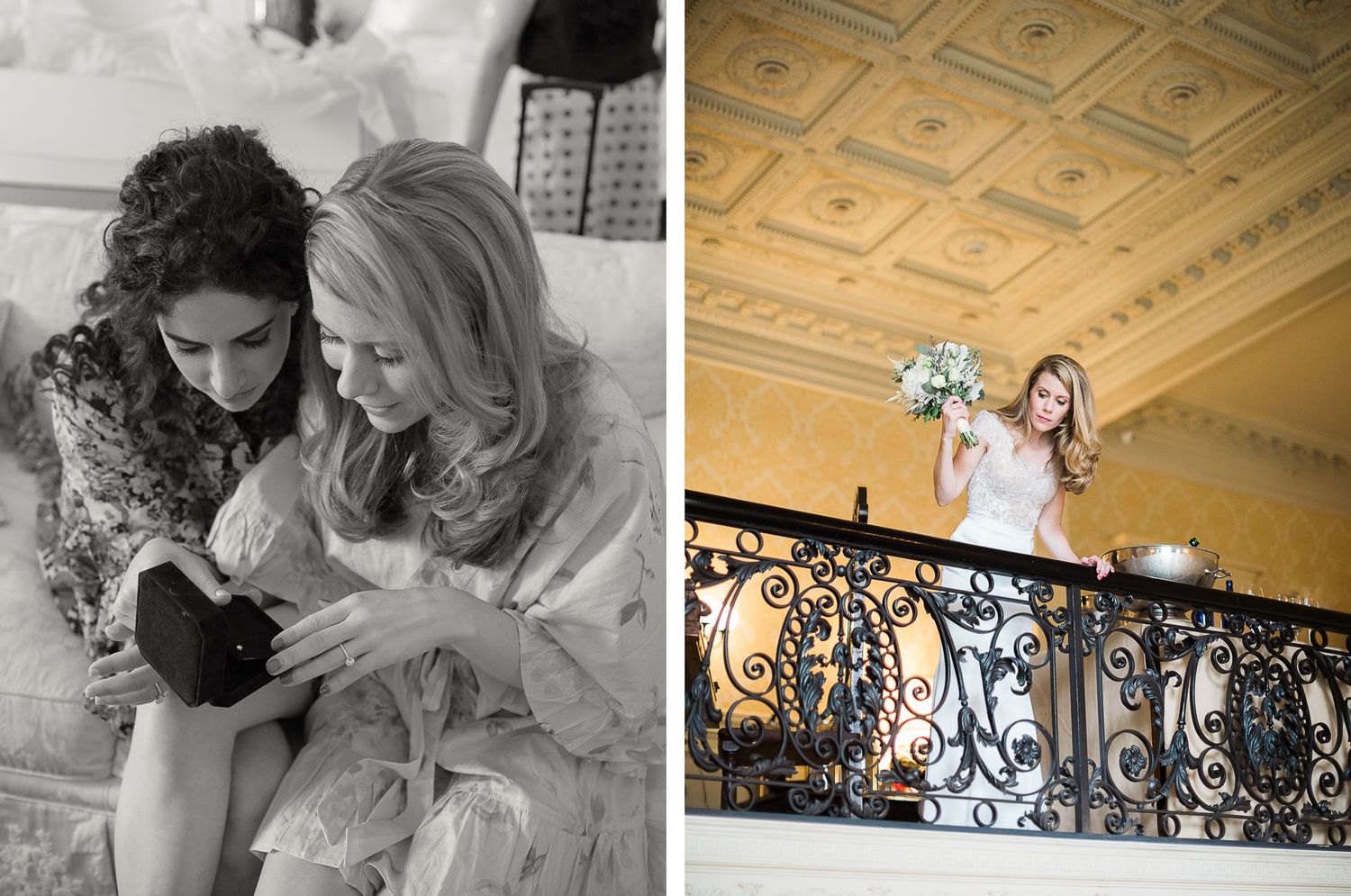 Ornate ceiling and railing details in an elegant venue during a celebration.