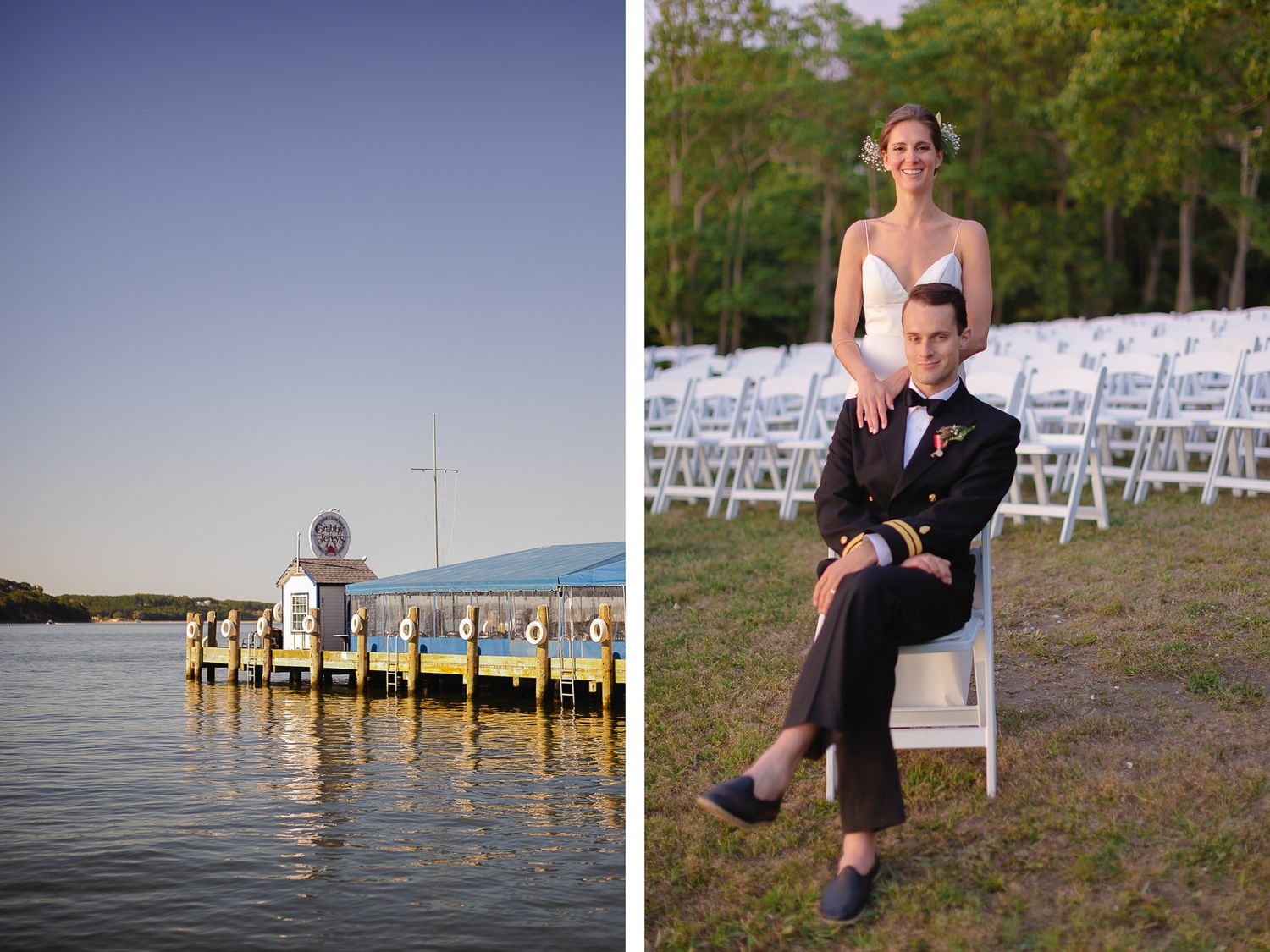 Series of waterfront wedding photos with dock and water views.