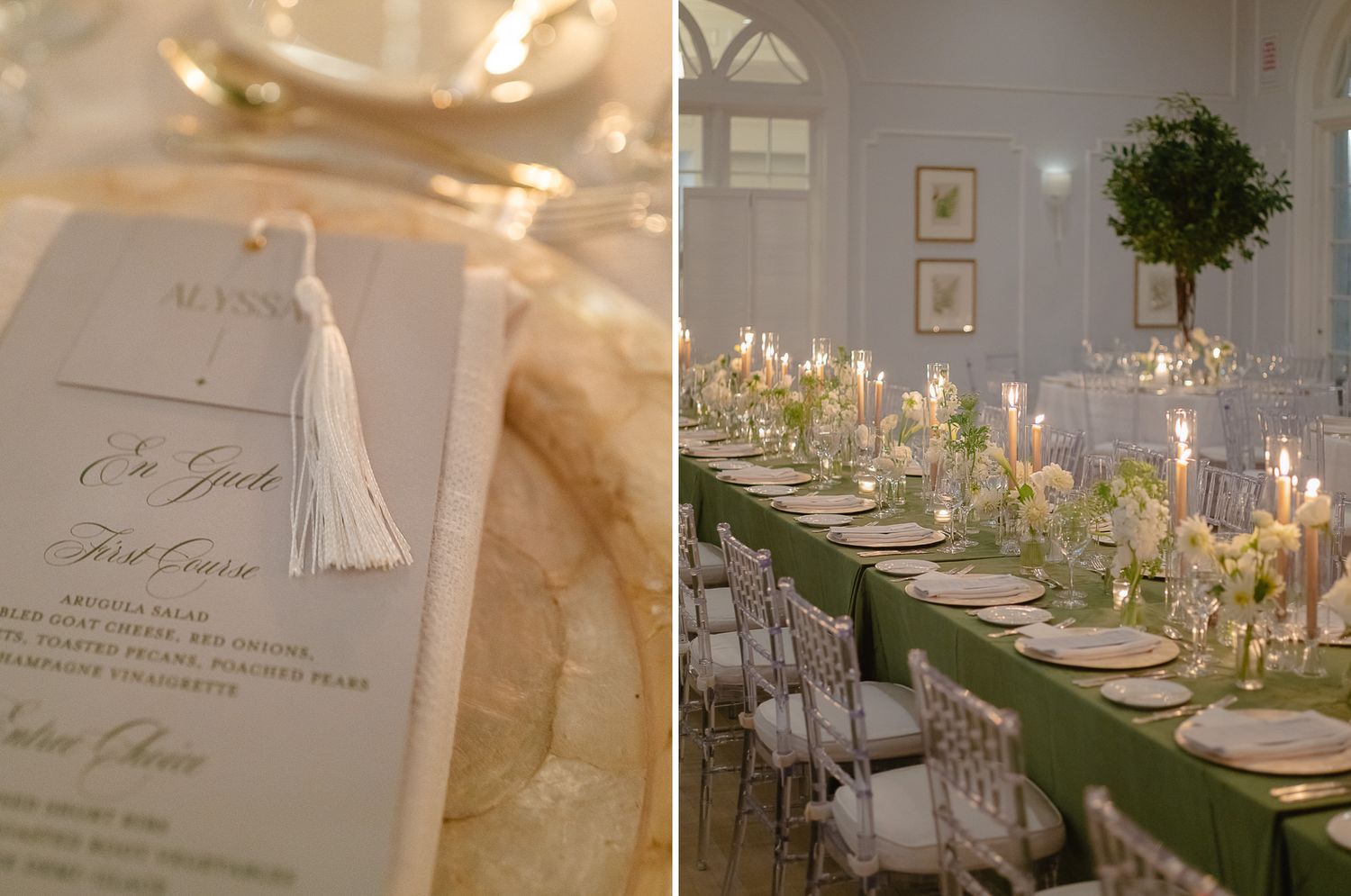 Elegant wedding reception table settings with candlelight and floral centerpieces.