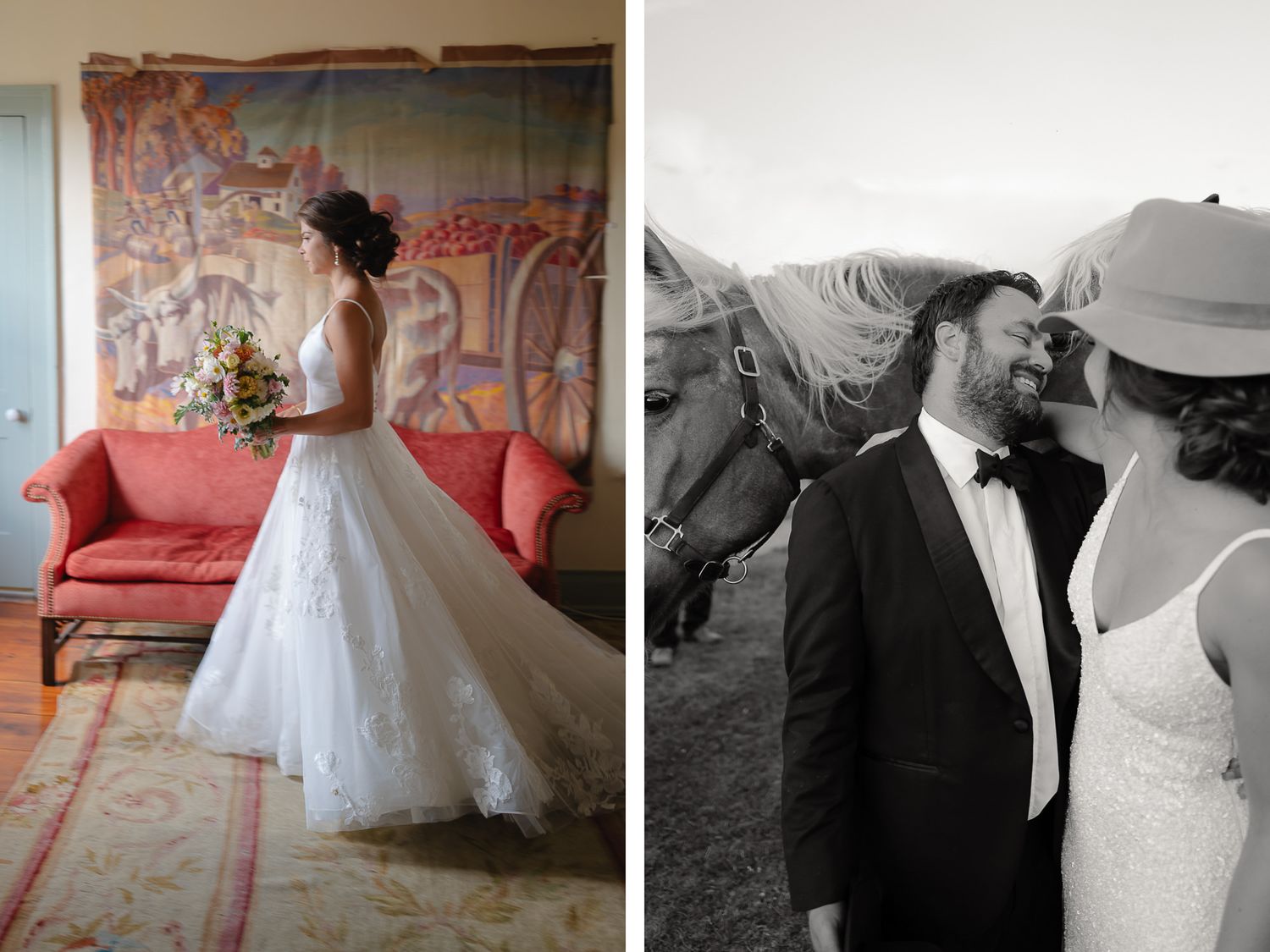 Wedding dress silhouette against red couch and couple in formal attire at outdoor event.