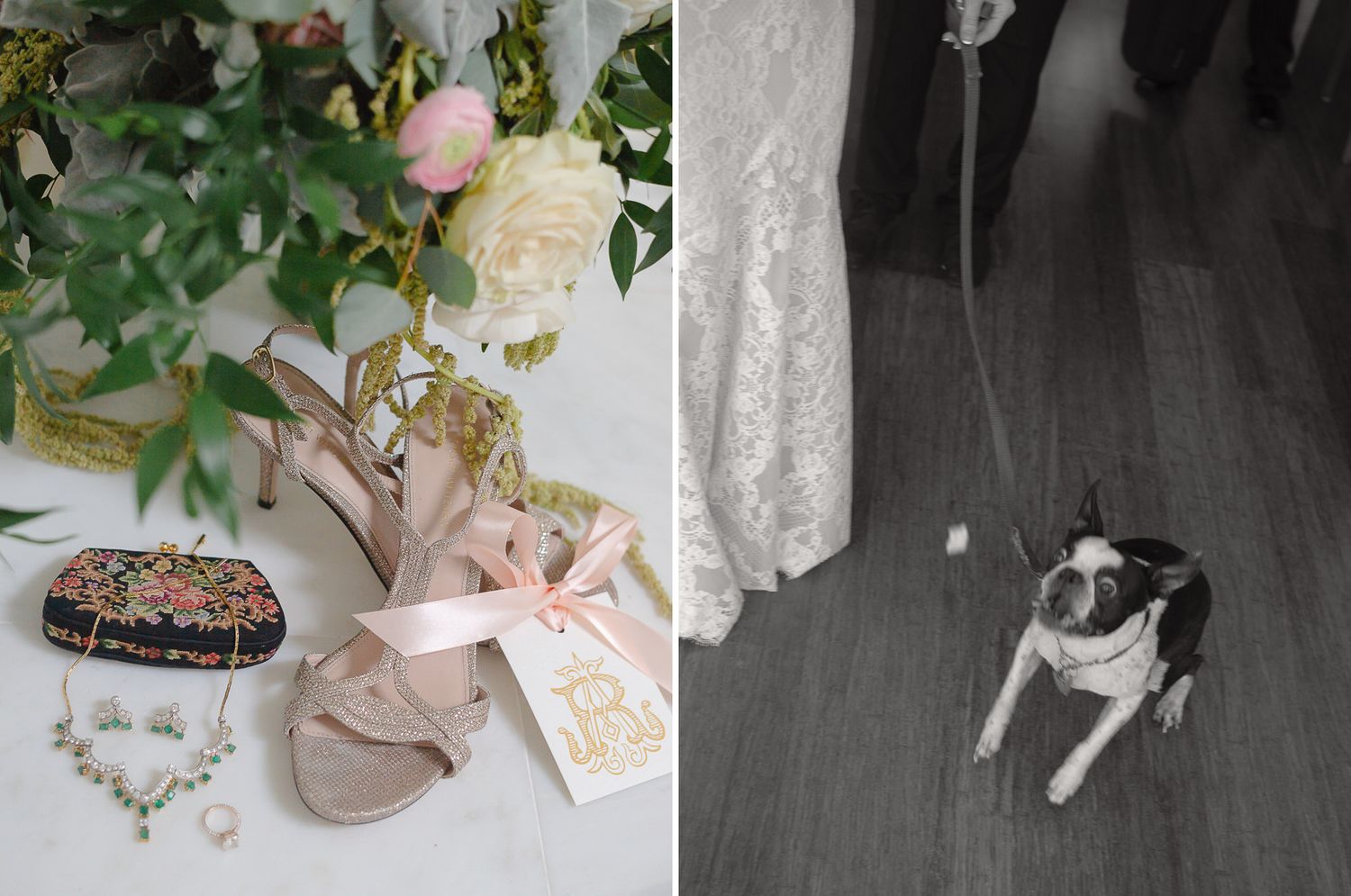Wedding detail shots of floral arrangements and delicate lace accessories.