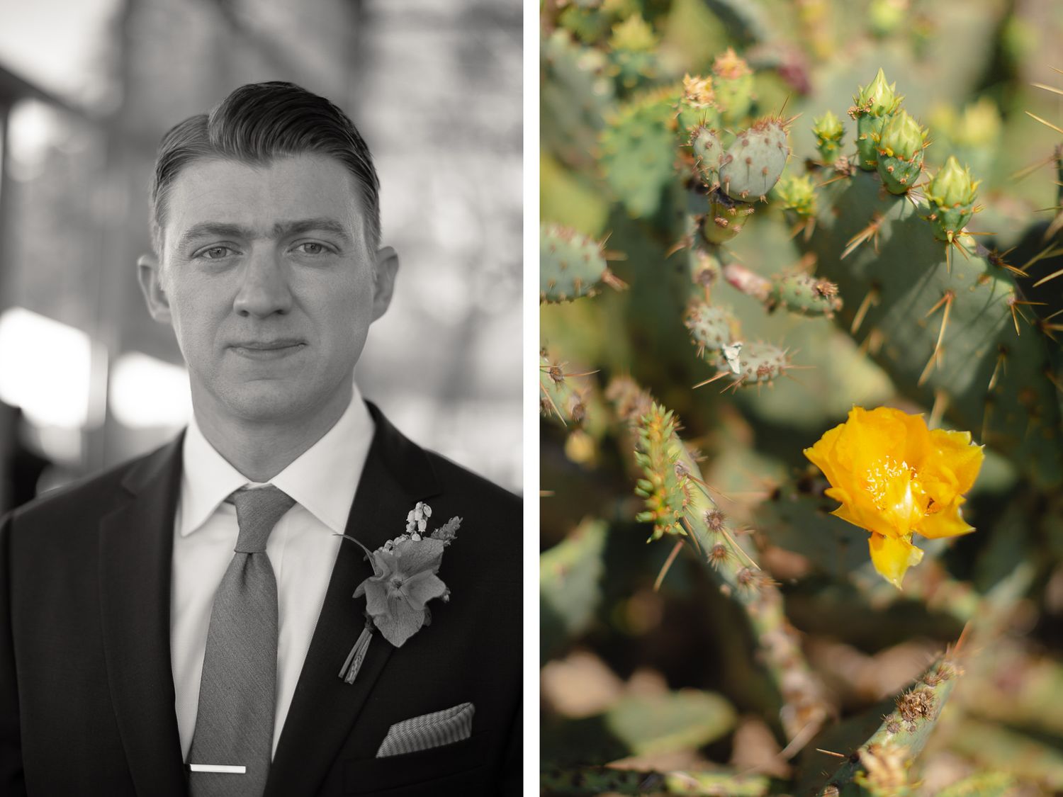 Close-up portrait shots with yellow flowers and greenery in a wedding photography sequence.