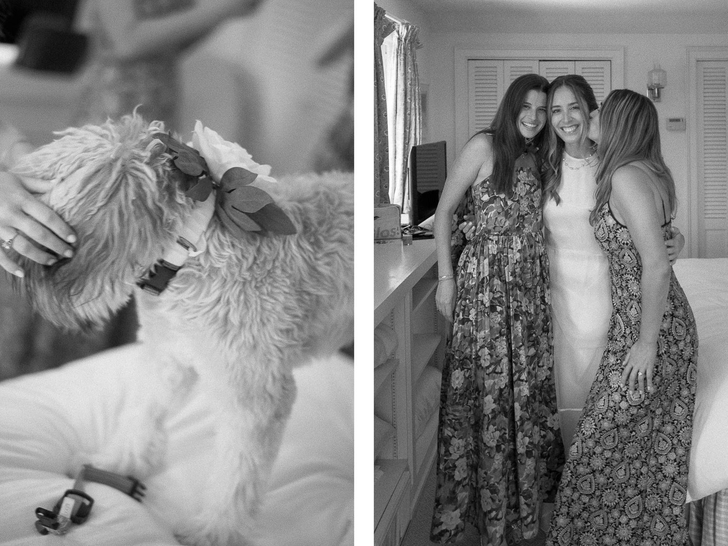 Wedding preparation moments captured in black and white with floral dresses and casual attire.