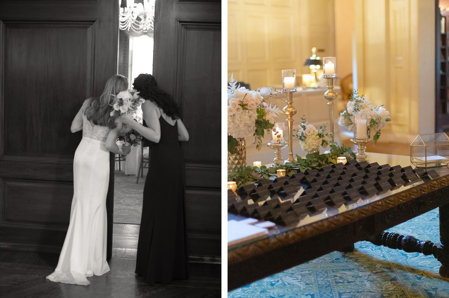 Wedding reception details with elegant place settings and floral centerpieces.