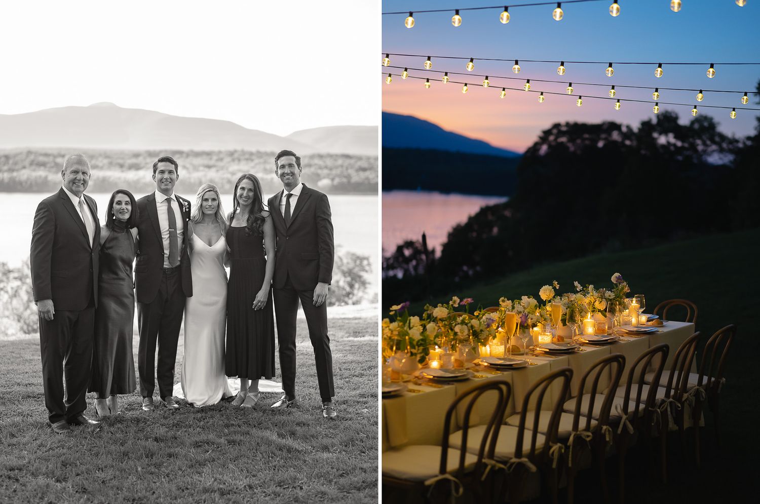String lights illuminate an outdoor wedding venue at dusk with mountain views.