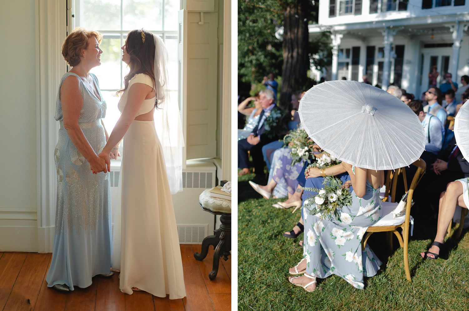 Elegant garden party setting with white parasols and formal decor.
