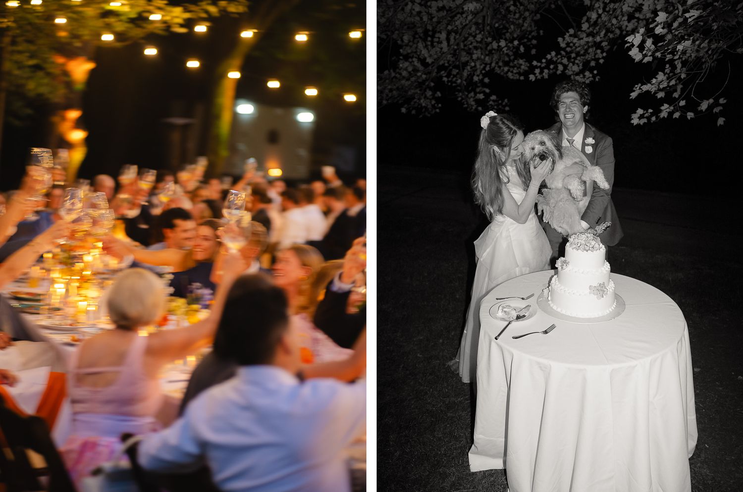 Wedding reception tables illuminated by warm candlelight and ambient lighting.