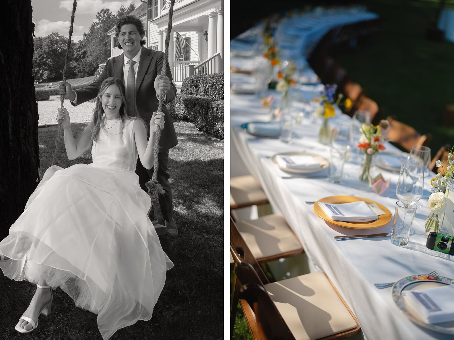 Wedding reception table settings with blue accents and elegant decor.