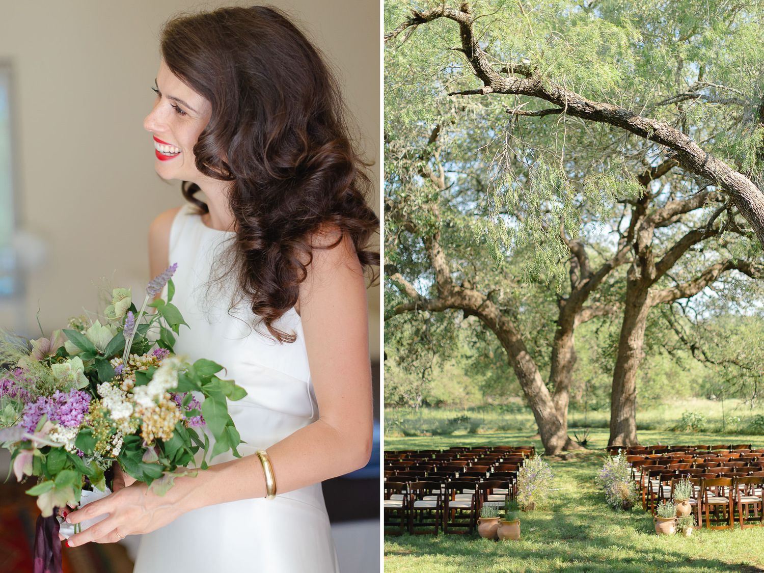 Rustic outdoor wedding ceremony setup among olive trees with wooden chairs.