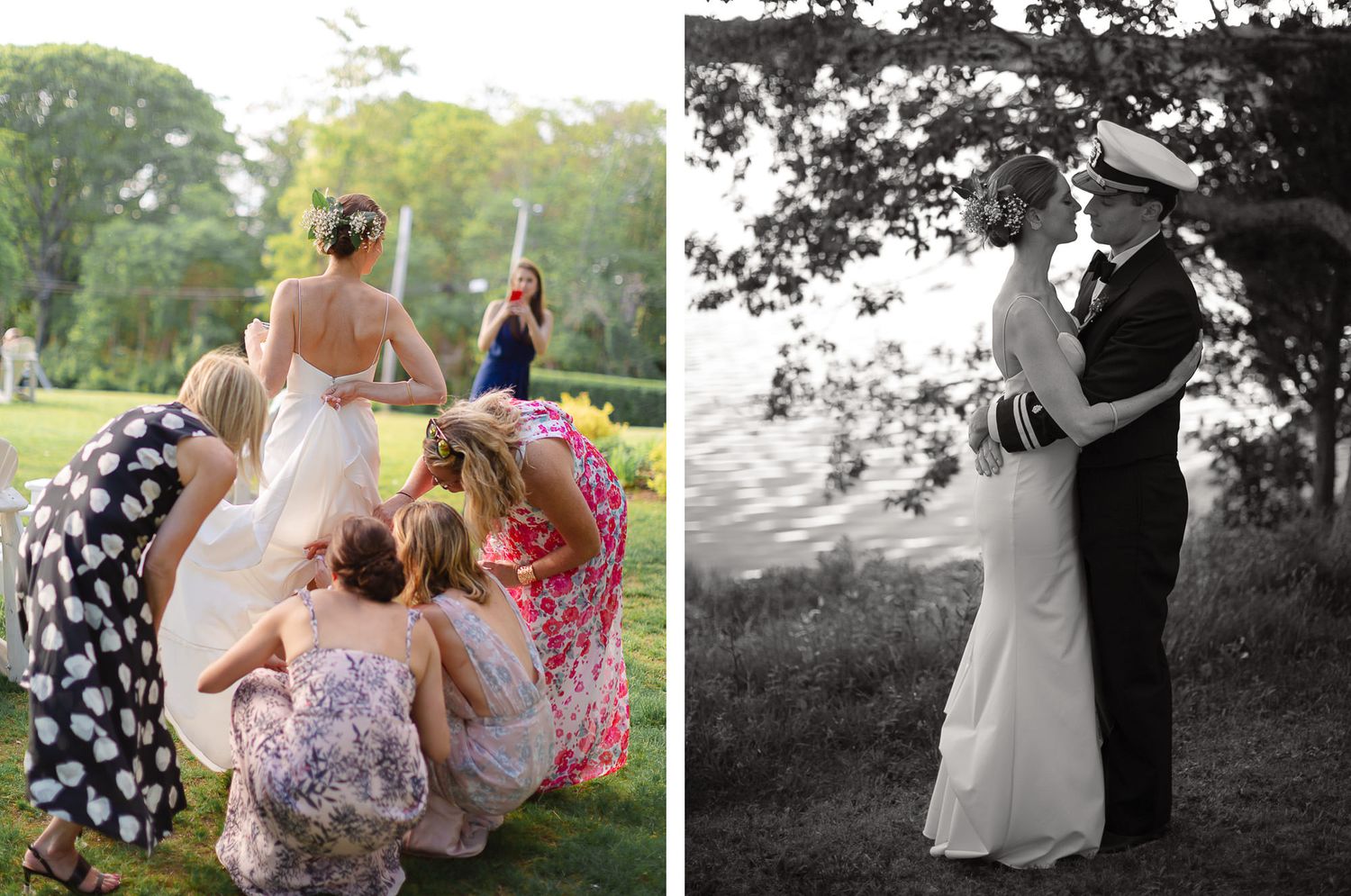 Wedding party dancing and celebrating outdoors in a garden setting.
