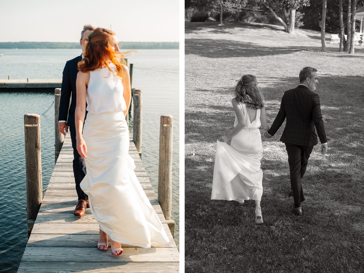 Newlyweds strolling along waterfront paths and grassy landscapes.