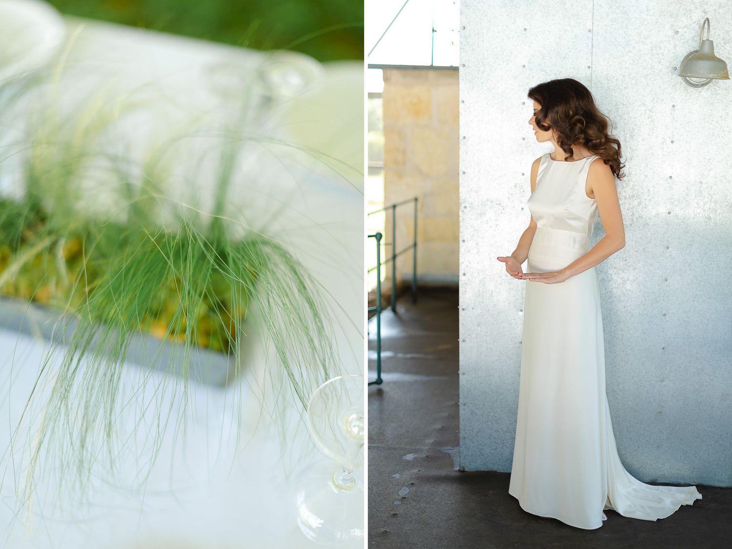 Elegant white wedding dress detail shot alongside a delicate feather close-up in natural light.