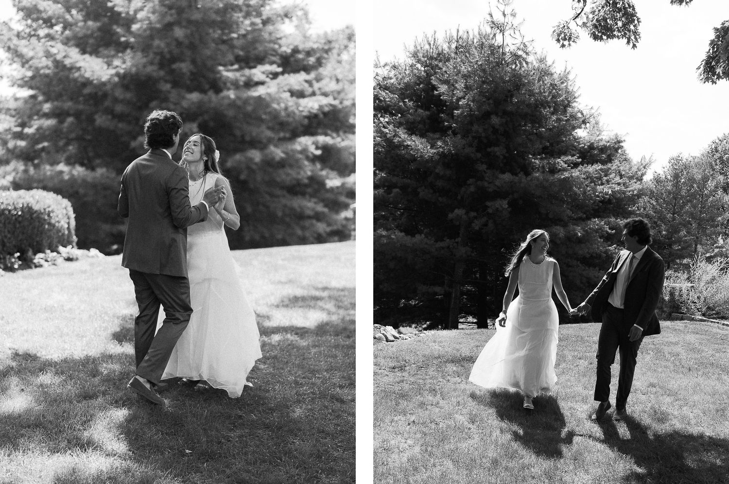 Wedding couple walking and posing together in an outdoor garden setting.