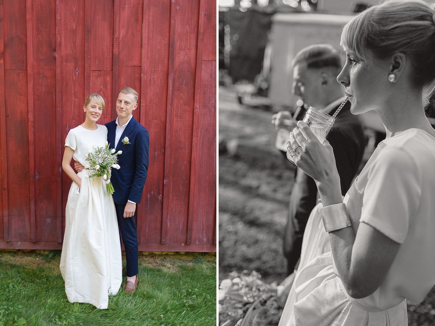Wedding portraits against red barn with selective color highlighting white dress and navy suit.