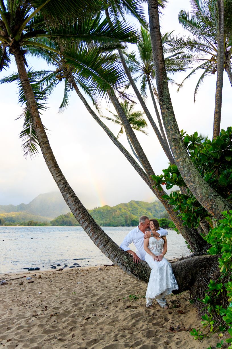 Palm trees line tropical beach with mountains and ocean view at sunset.