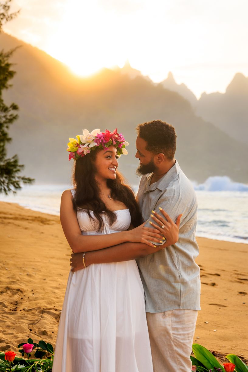 Romantic Kaua'i sunset photo session at the stunning Tunnels Beach.