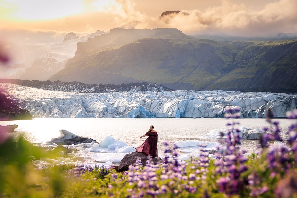 Dramatic mountain landscape with glaciers and wildflowers in the foreground during sunset.
