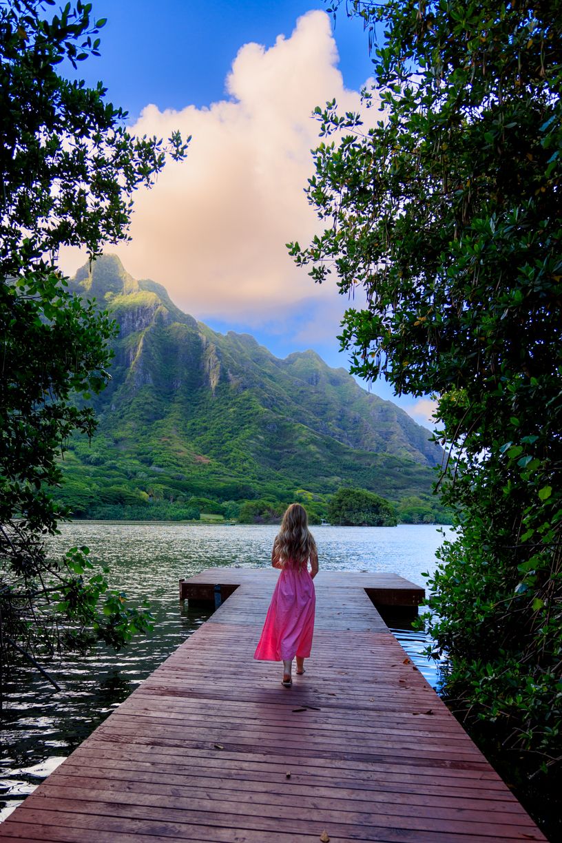 Figure in pink dress walks along wooden dock surrounded by tropical mountain landscape.