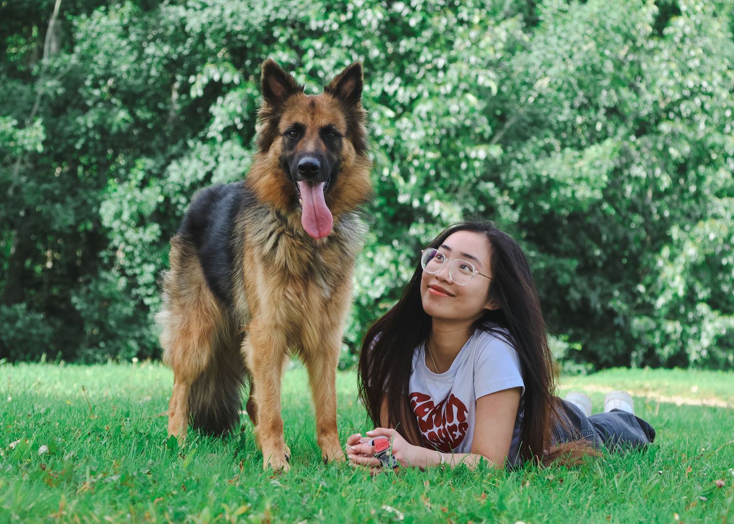 Young woman lying on grass smiling up at a large German Shepherd dog in a green park.