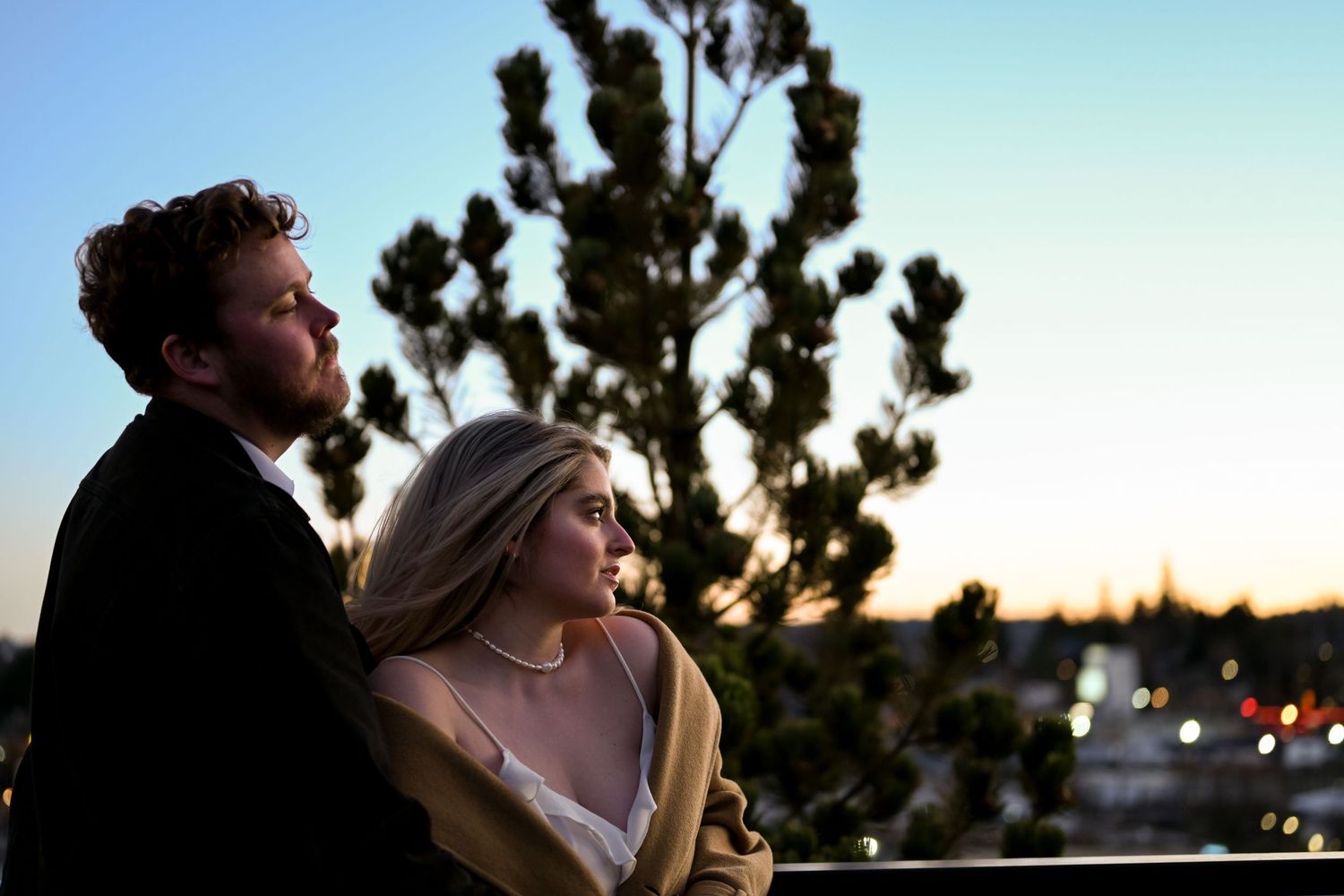 A silhouetted couple shares a romantic moment against a sunset sky with trees in the background.