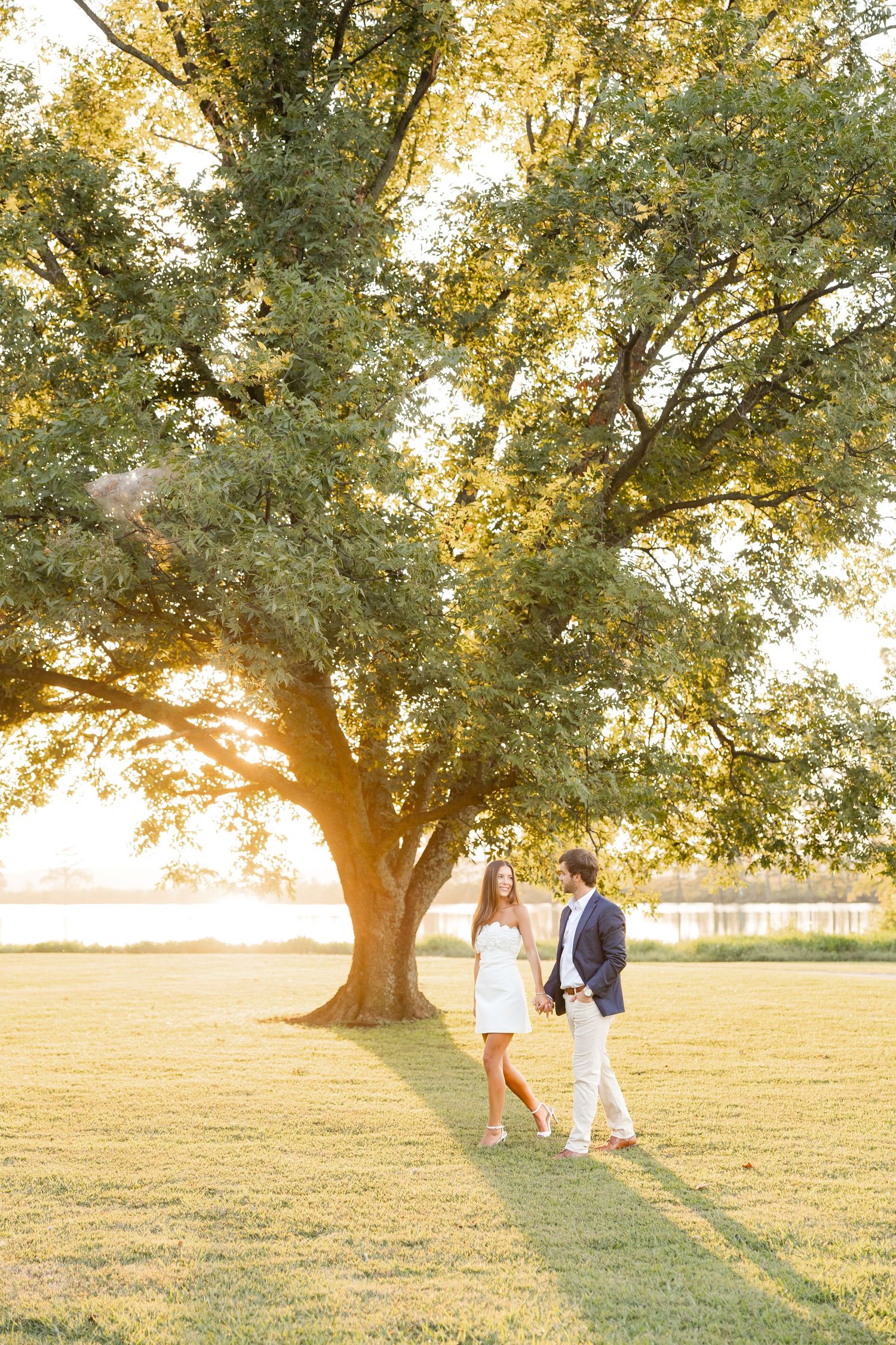 Couple walking hand in hand under golden sunlit trees in an open field.