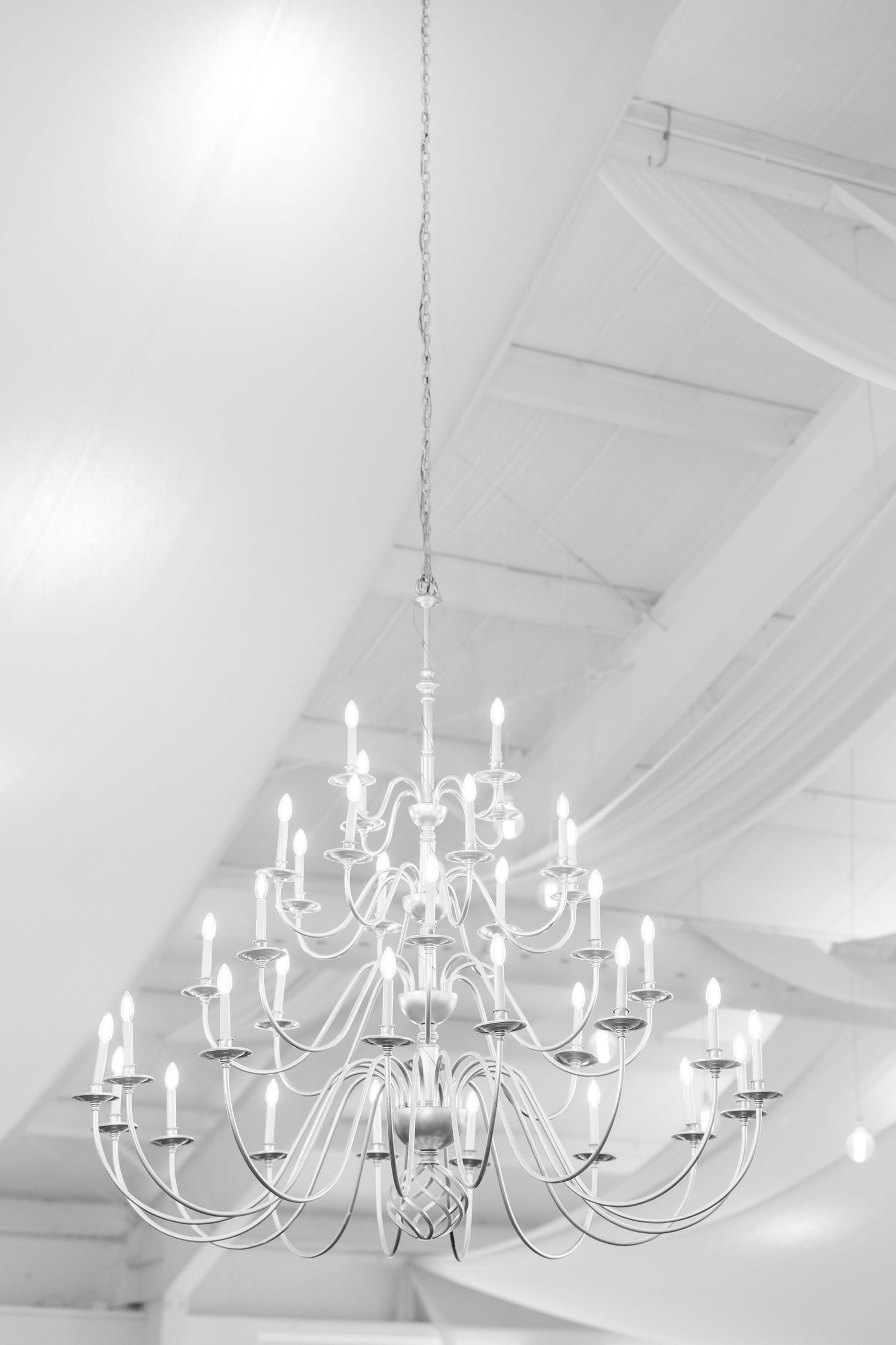 Large white chandeliers hang from a white draped ceiling creating an elegant ambiance.Cold Springs Events.