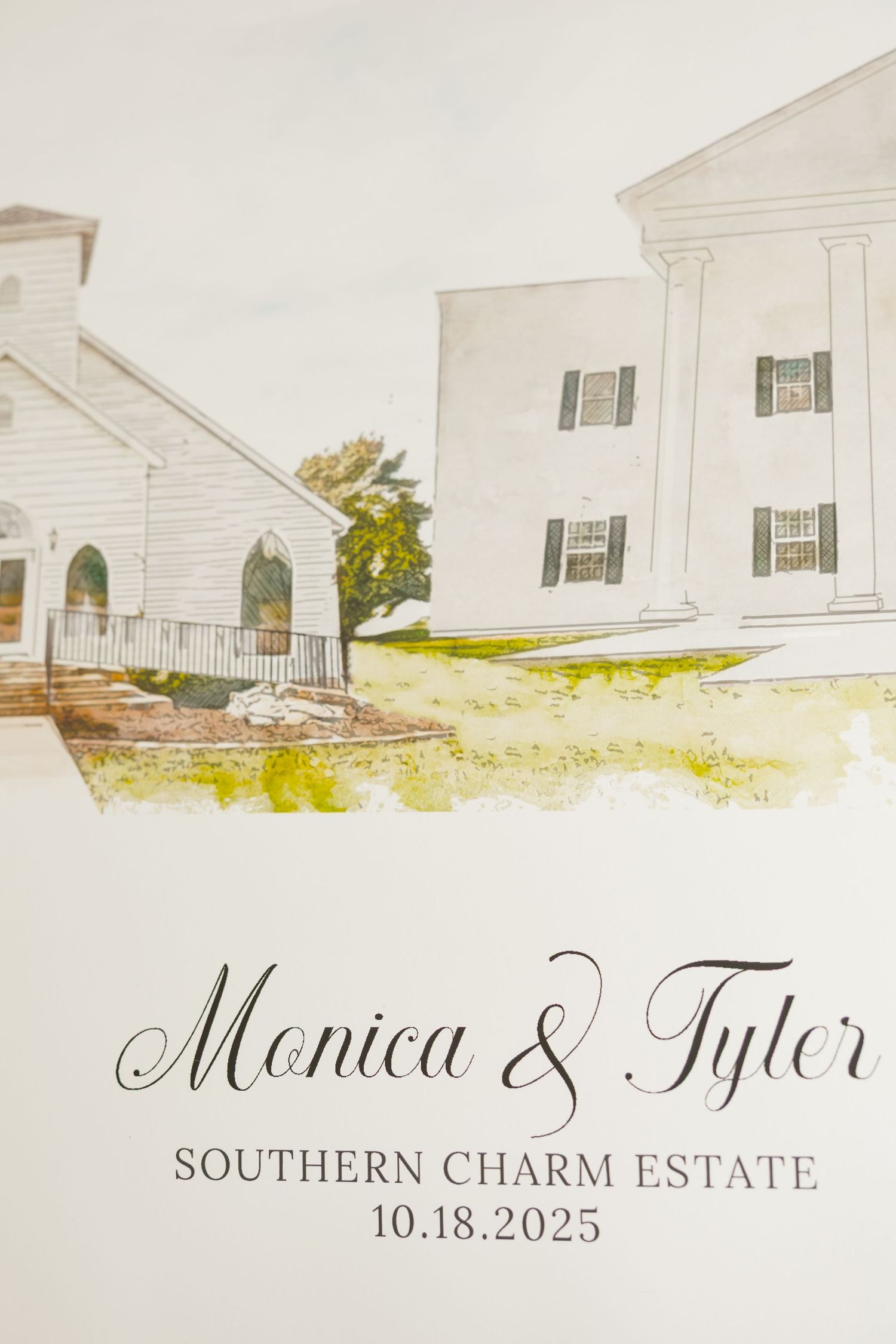Wedding invitation design featuring a white Southern estate venue with elegant calligraphy for an October 2025 celebration.
