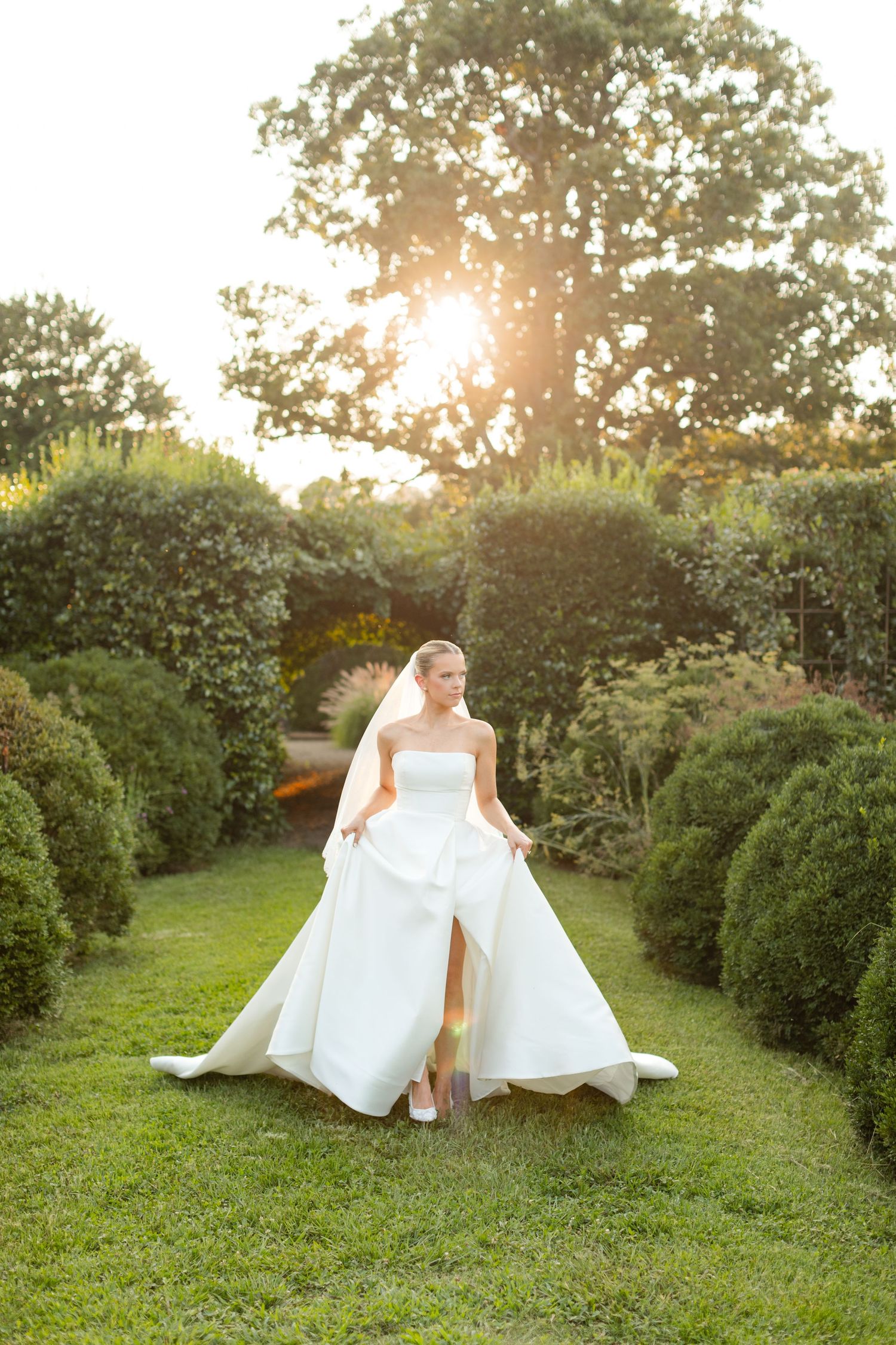 White ballgown style wedding dress showcased in a manicured garden path with green hedges.