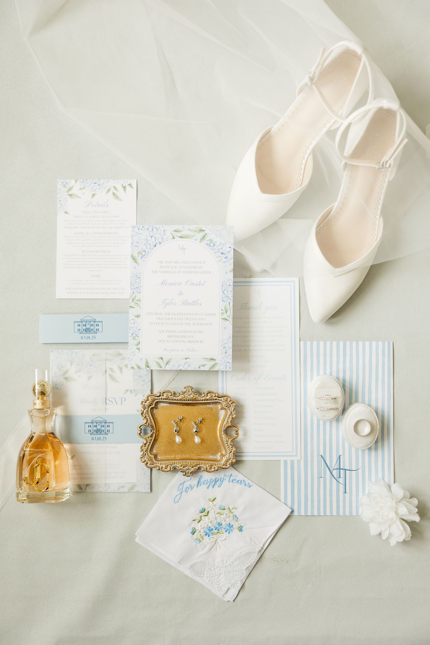 Wedding details flatlay with white shoes, invitations, perfume bottle and delicate accessories in soft neutral tones.
